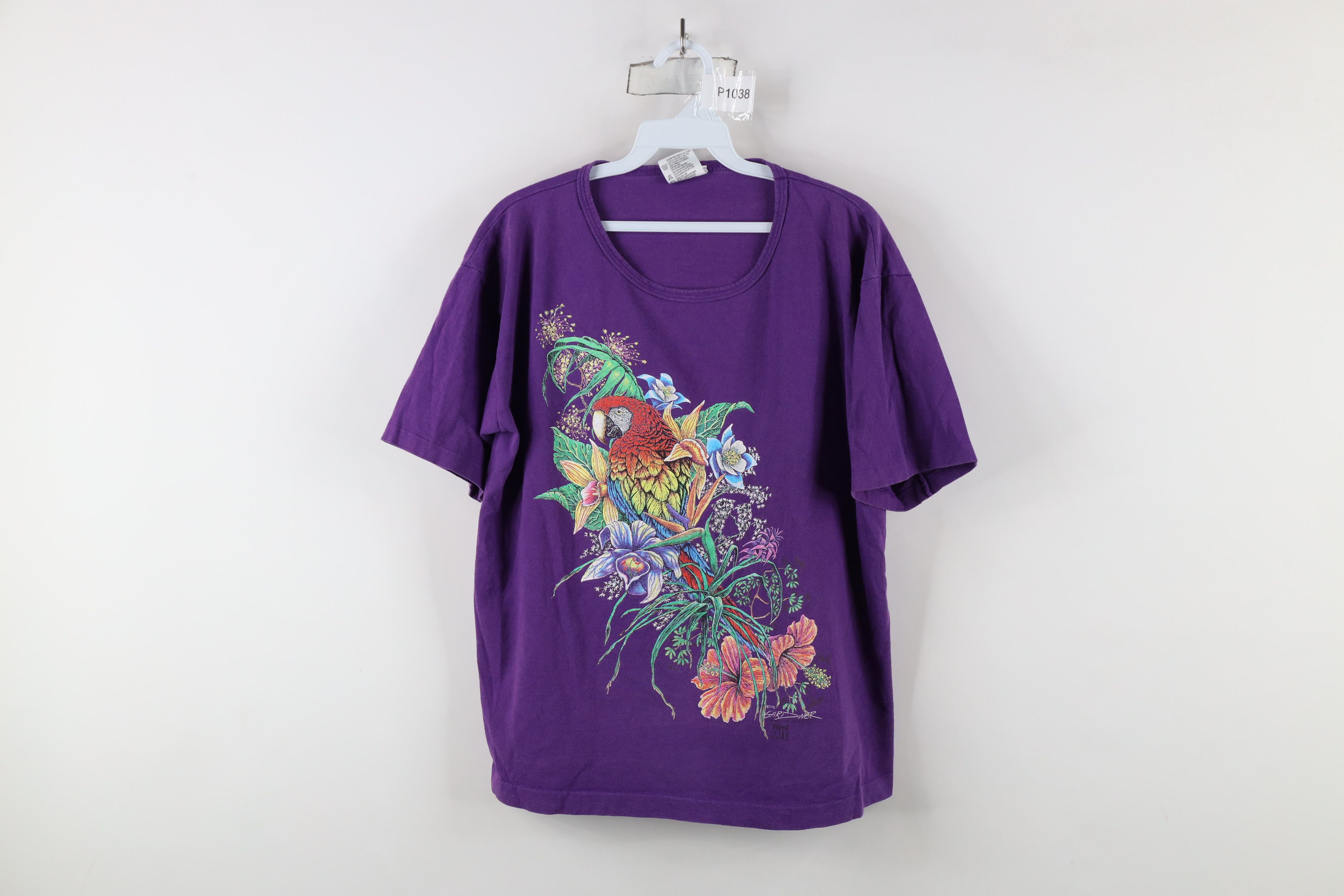 Vintage Vintage 90s Streetwear Parrot Bird Flower T-Shirt Purple USA Size L / US 10 / IT 46 - 1 Thumbnail