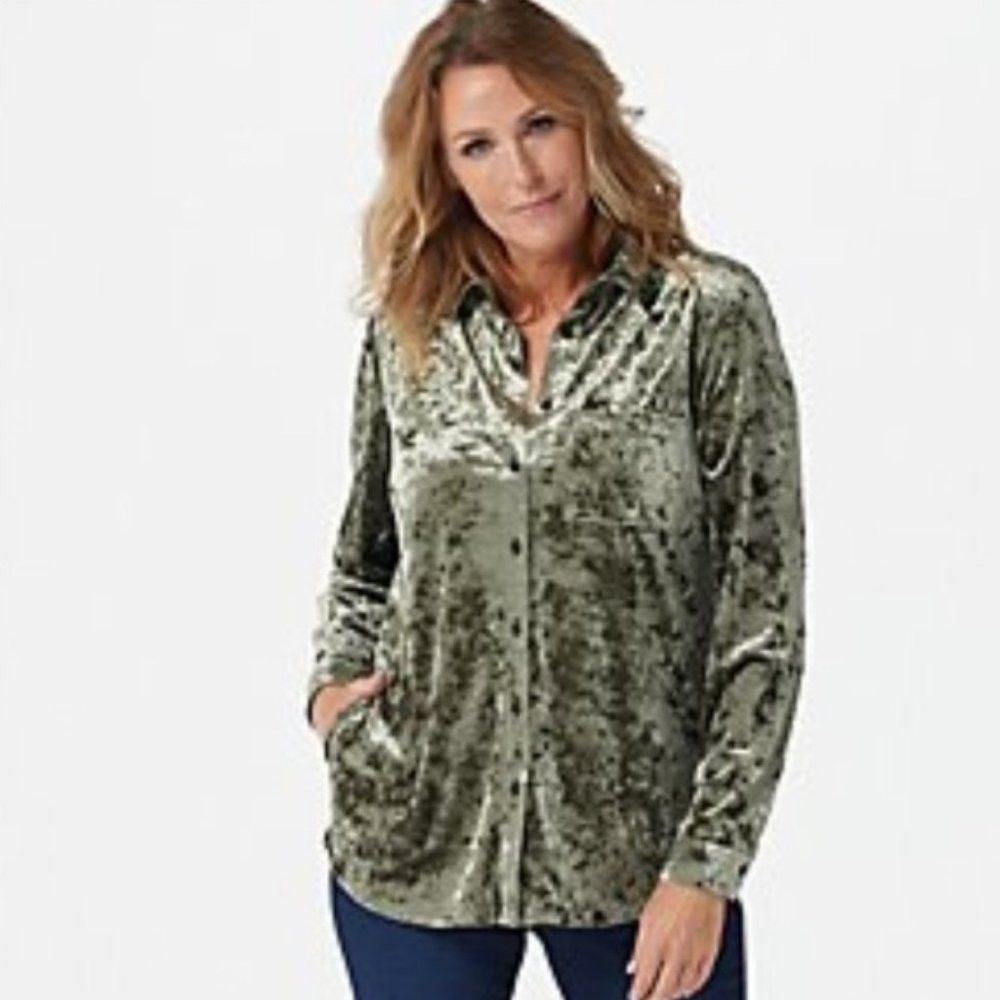 Other New Belle By Kim Gravel Crushed Velvet Green Button Down Sh Size M / US 6-8 / IT 42-44 - 1 Thumbnail