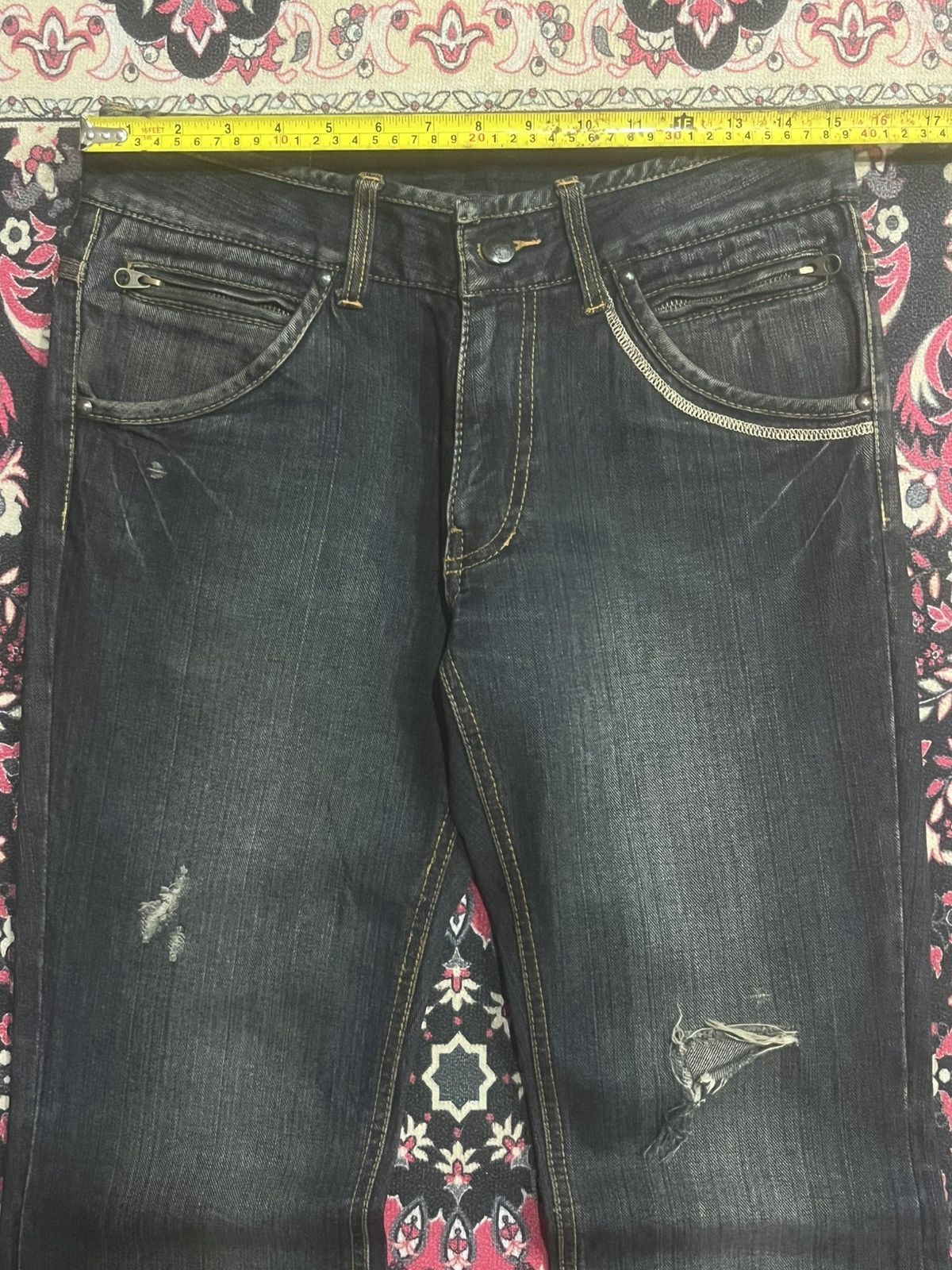 14th Addiction Japanese Custom Culture Dark Washed Distressed Flare Jeans Size US 30 / EU 46 - 12 Thumbnail