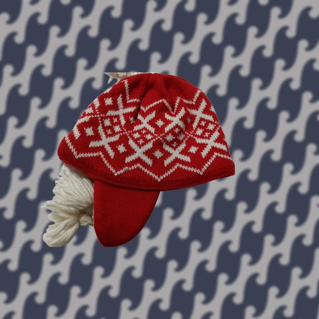 Vintage VINTAGE Eisbar Beanie Hat One Size Wool Blend Ear Flap Fair Isle Red White Knit Mens Womens Unisex Adults Boys Girls Size ONE SIZE - 1 Thumbnail