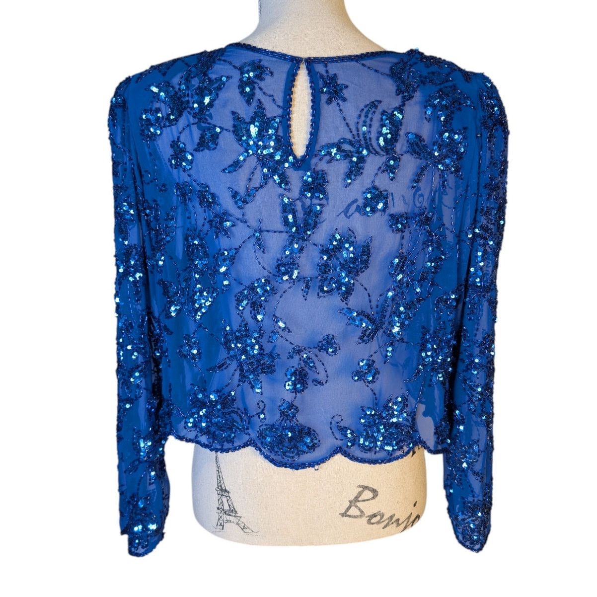 Vintage Vintage 80s Blue Sequin Beaded Silk Sheer Crop Top Floral Size S / US 4 / IT 40 - 2 Thumbnail