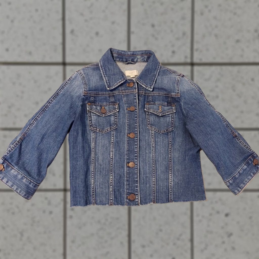 Ann Taylor VINTAGE Ladies Ann Taylor Loft Denim Jacket S Small Blue Jean Womens Jacket Regular Cotton Denim Modern Classic Spring Fall Winter Size 28" / US 6 / IT 42 - 1 Thumbnail