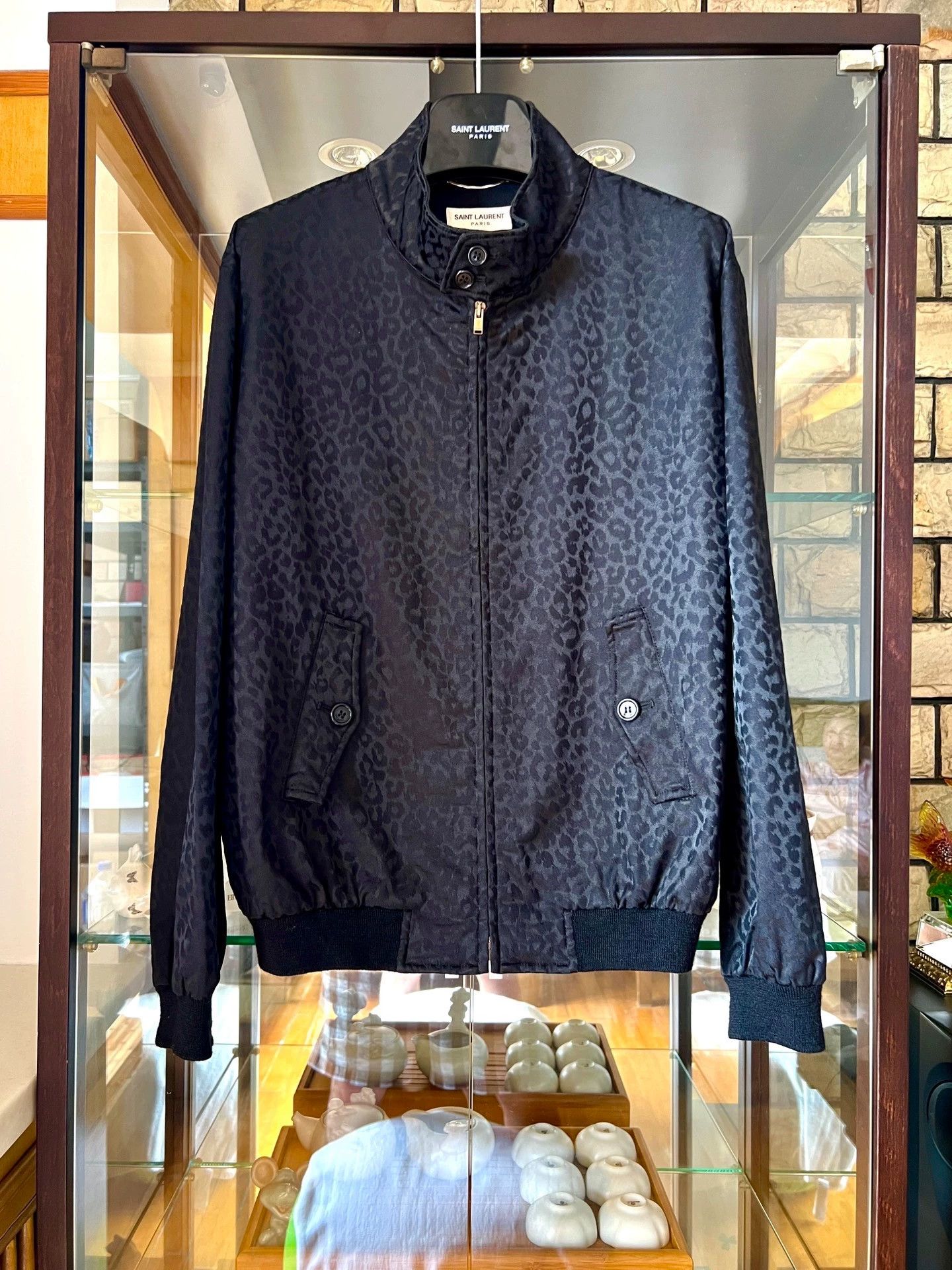 Saint Laurent Paris Black leopard print silk jacket