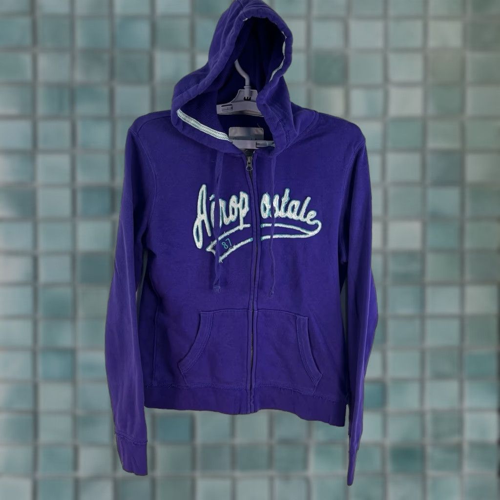 Vintage Aéropostale 87 Hooded Full Zip Sweatshirt Mens L Purple Embroidered Graphic Print Batman Stitch Blue Red White Classic Theme Size US L / EU 52-54 / 3 - 1 Thumbnail