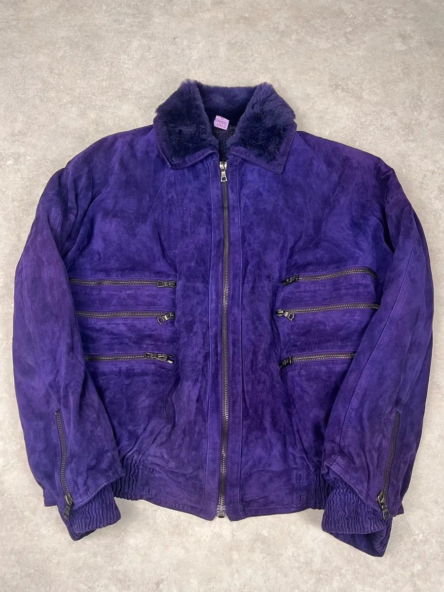 Vintage 1990s Gianni Versace Purple Multi Zips Fur Collar Bomber Jacket Size US L / EU 52-54 / 3 - 1 Thumbnail