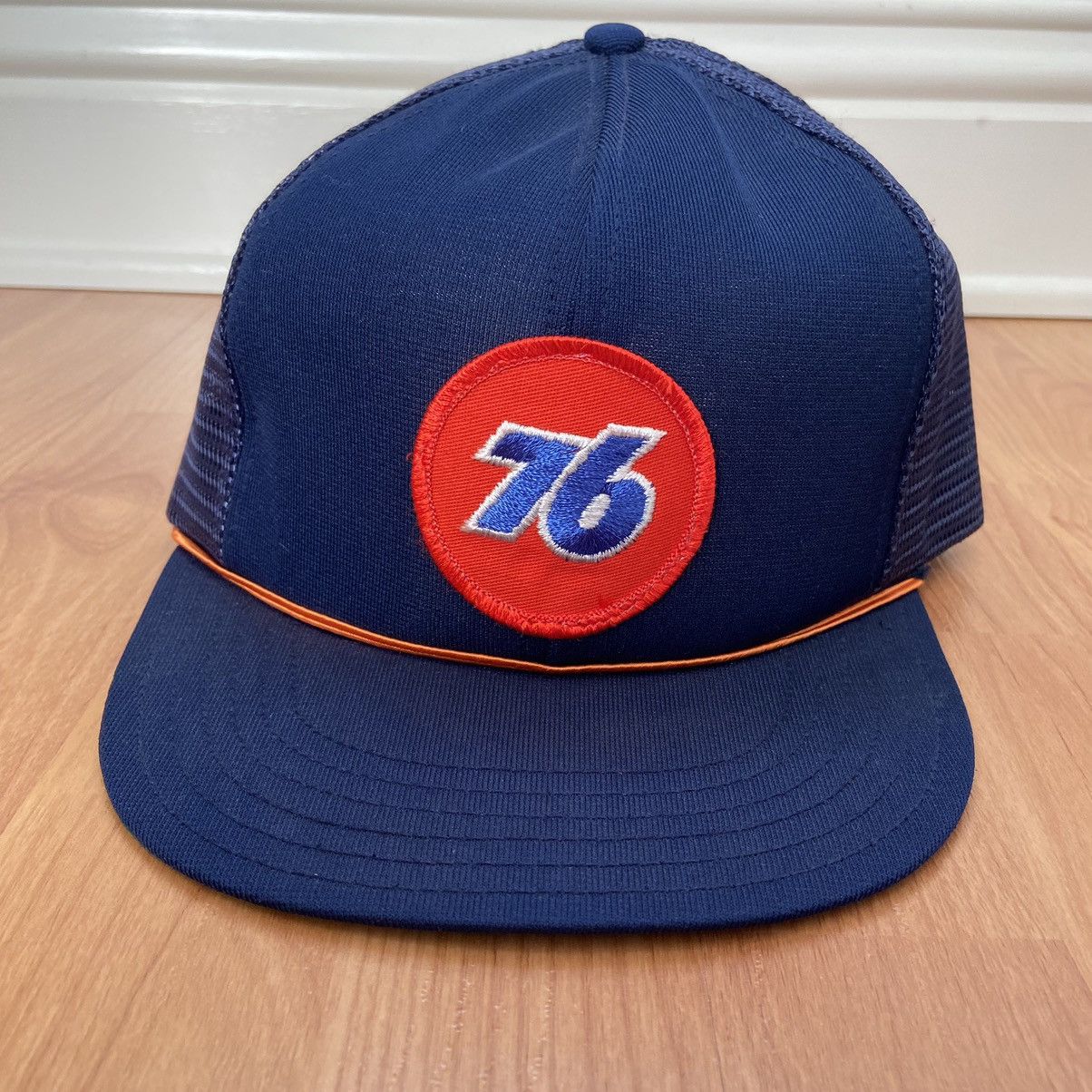 image of Vintage 76 Station Logo Trucker Hat in Navy/Orange, Men's