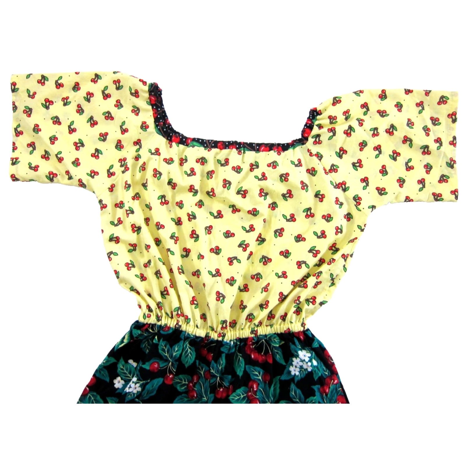 Vintage Vintage Cherry Fruit Floral Yellow Red Green Black Pocket Jumpsuit M Women's One-Piece Short Sleeve Cotton 100% Vintage Jumpsuit with Pockets Size 32" / US 10 / IT 46 - 3 Thumbnail