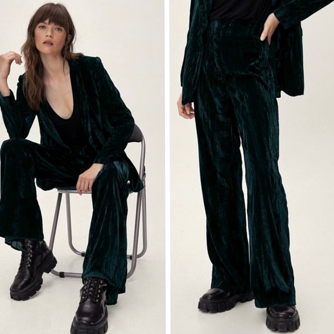 Nasty Gal Nasty Gal Crushed Velvet Pants Wide Leg High Waisted Emerald Green Women’s Sz 4 Size 27" / US 4 / IT 40 - 2 Thumbnail
