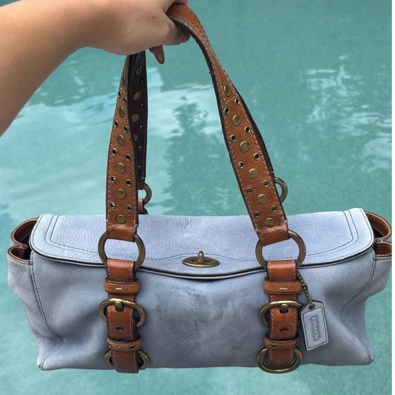 COACH Chelsea Satchel Bag Blue Nubuck Leather Turn Lock