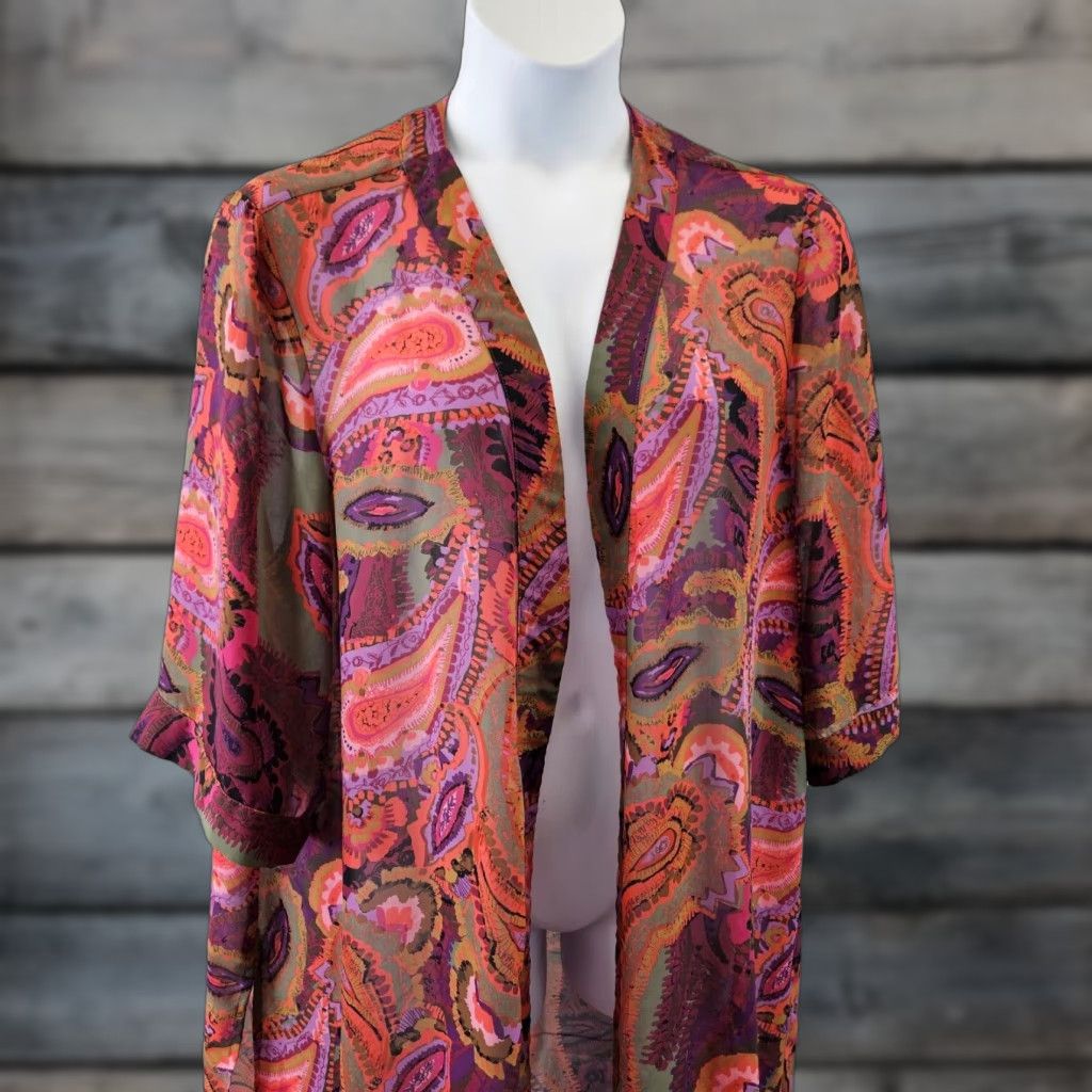 Vintage Catherines Blouse Kimono 1X Womens Purple Pink Paisley Sheer 3/4 Sleeve Polyester Size XL / US 12-14 / IT 48-50 - 1 Thumbnail