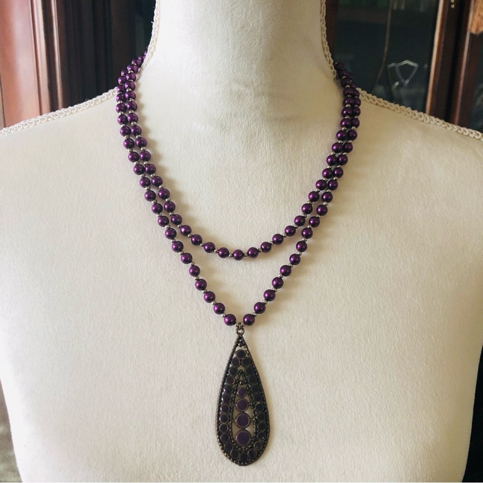 Handmade Handcrafted double strand purple Czech Pearl necklace Size ONE SIZE - 2 Thumbnail