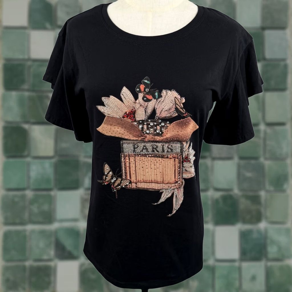 Vintage Vinizbena Paris Rhinestone Flutter Sleeve M Black Artsy Mixed Media Tee T Shirt Size M / US 6-8 / IT 42-44 - 1 Thumbnail