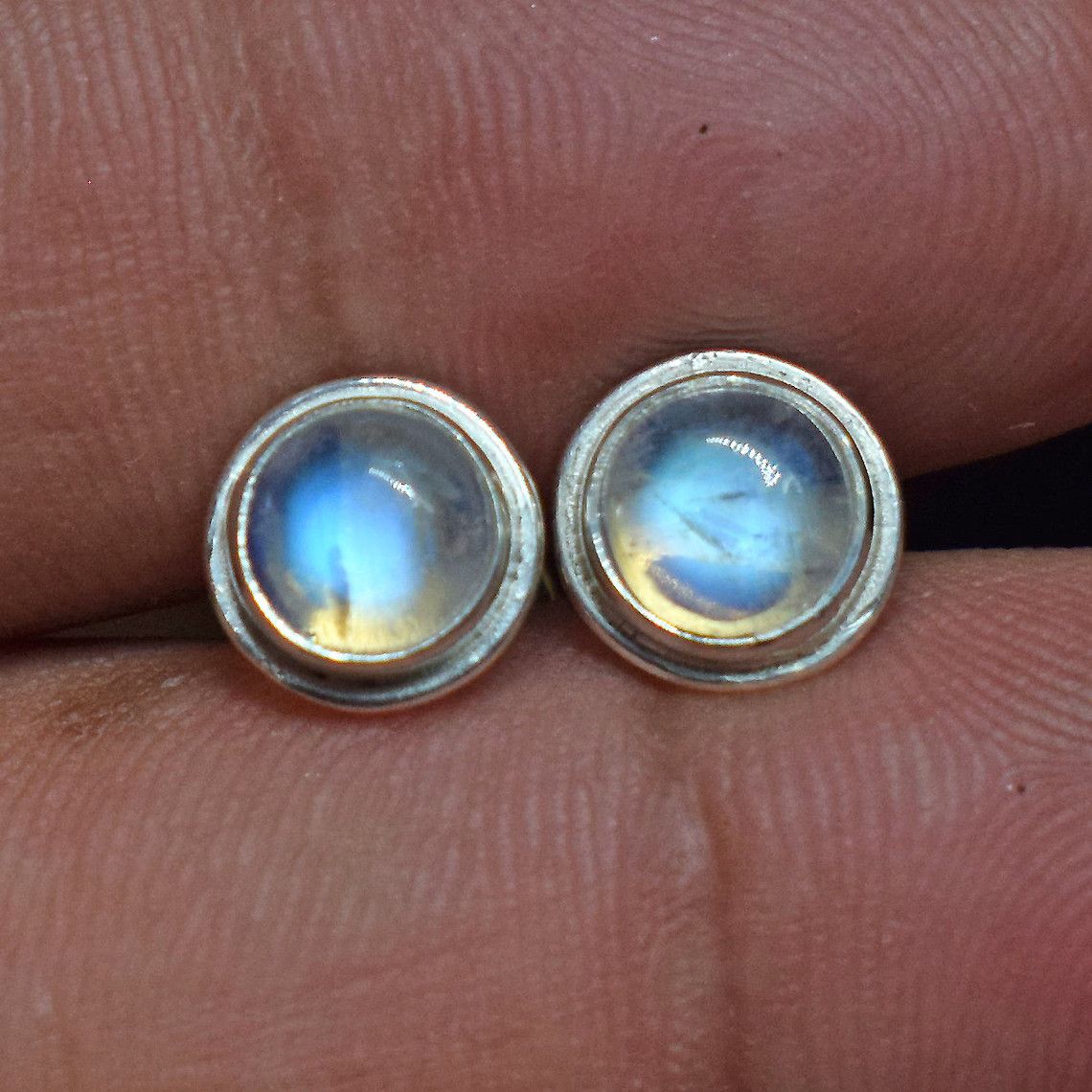 Handmade Handmade Rainbow Moonstone Stud Earrings: 925K Silver Size ONE SIZE - 2 Thumbnail