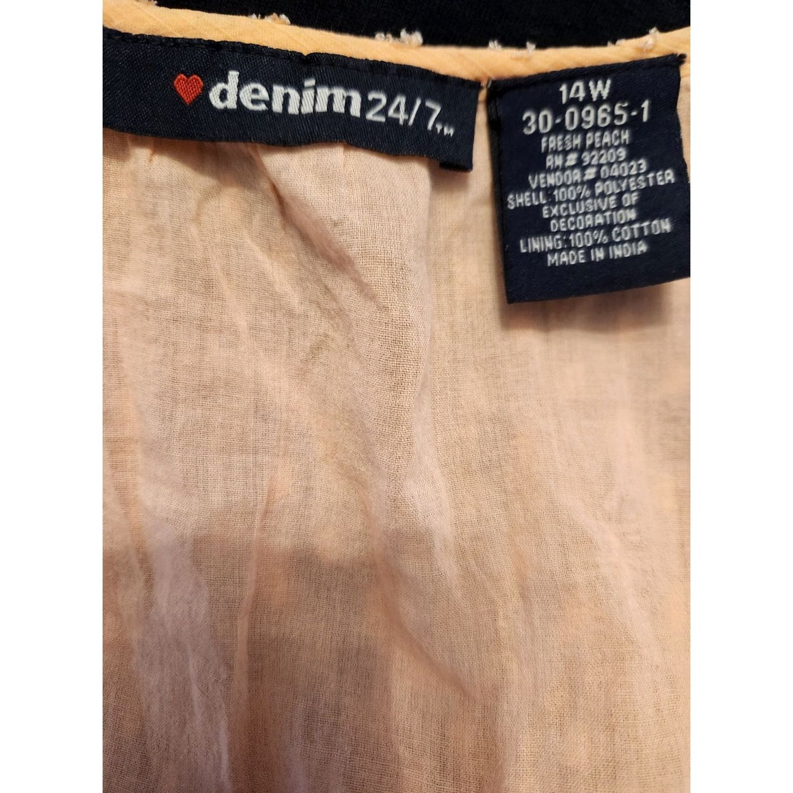Denime Denim 24/7 Blouse Shirt 14W Plus Peach Semi Sheer Chiffon Lined Dotted Swiss Square Neck 3/4 Sleeve Womens Boys Size XL / US 12-14 / IT 48-50 - 6 Thumbnail