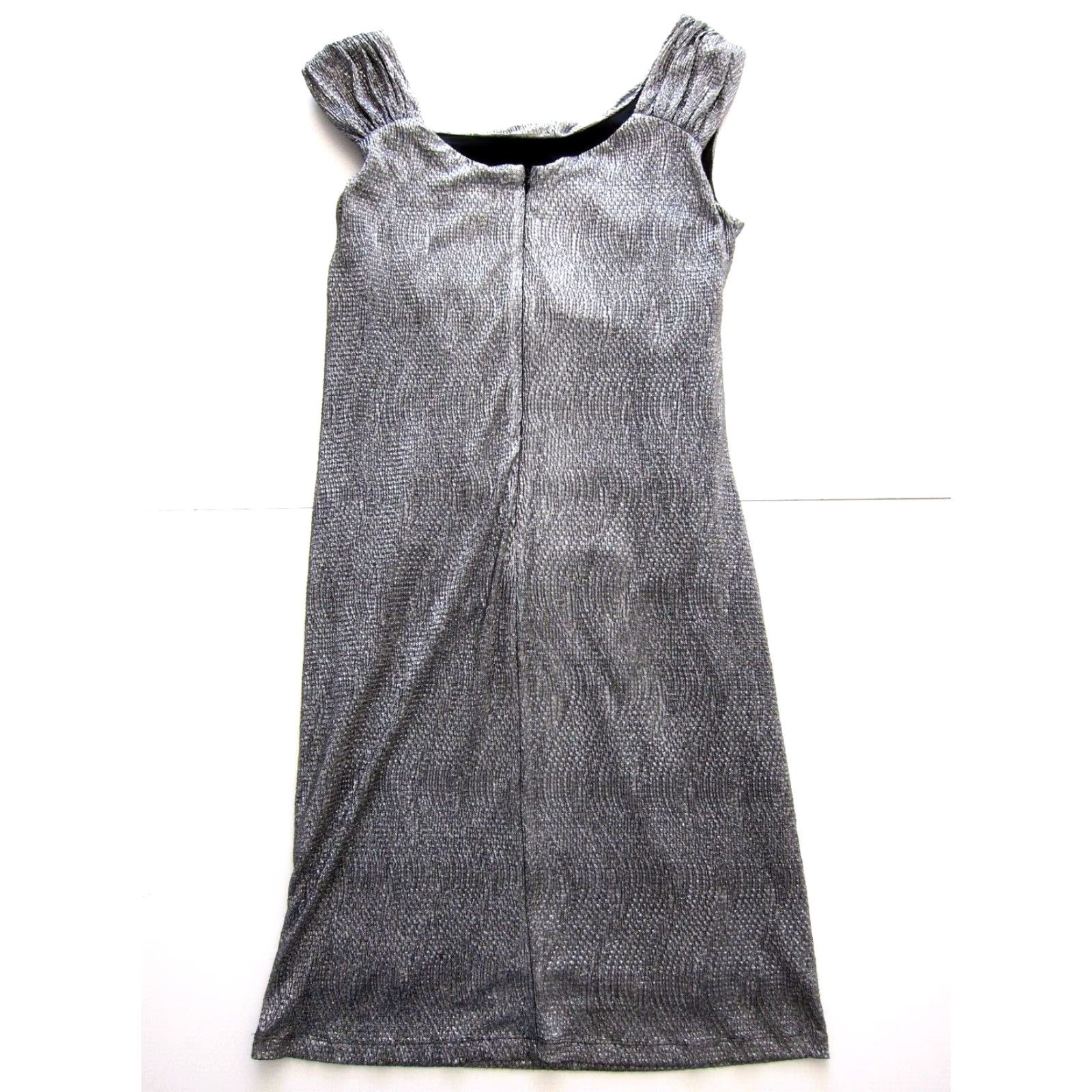 Vintage VINTAGE R&M Richards Silver Cap Sleeve Sheath Dress 12 Women's Dress Silver Ruched Stretch Cap Sleeve Midi Dress 12 Size XL / US 12-14 / IT 48-50 - 2 Thumbnail