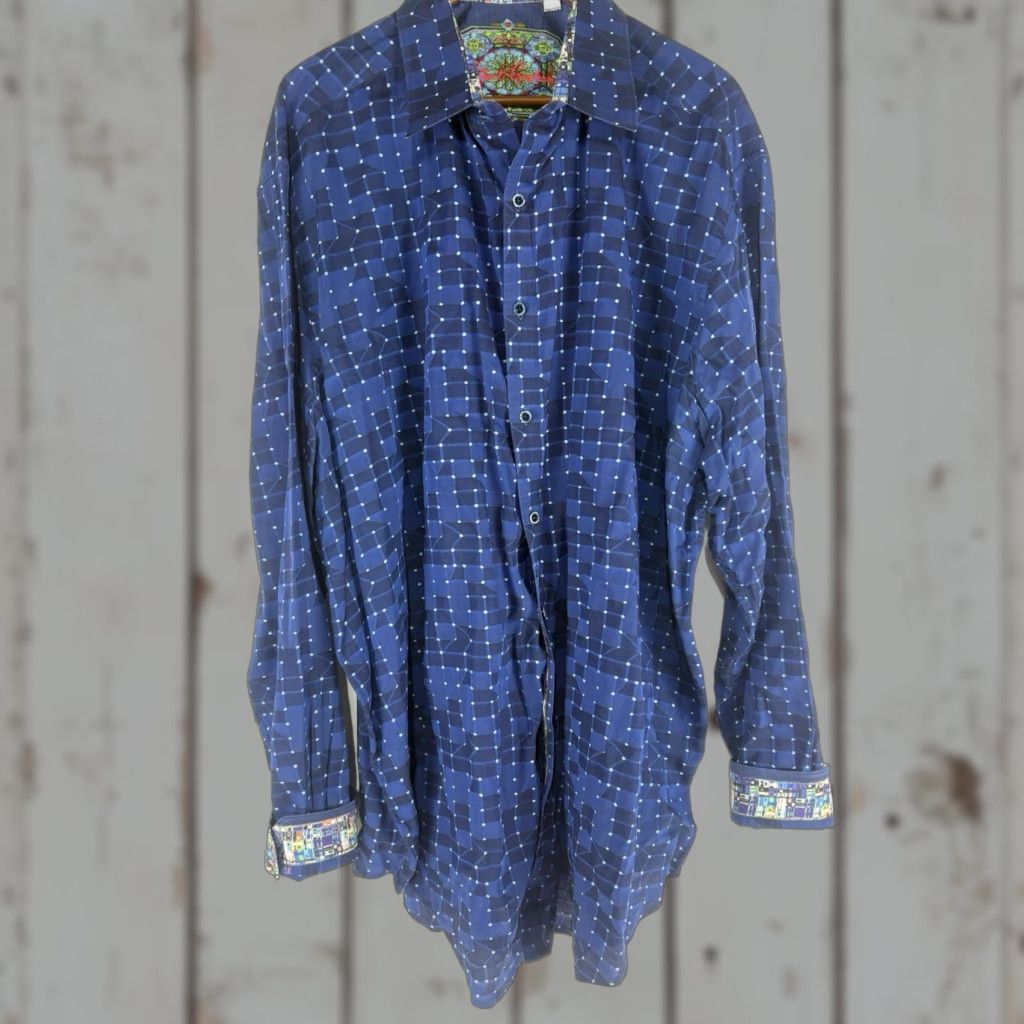 Robert Graham Robert Graham Geometric Woven Button Up Shirt Men 3XLT Blue/Black Contrast Trim Long Sleeve Baseball Cuff Modern Dress Shirt Size 48R - 1 Thumbnail