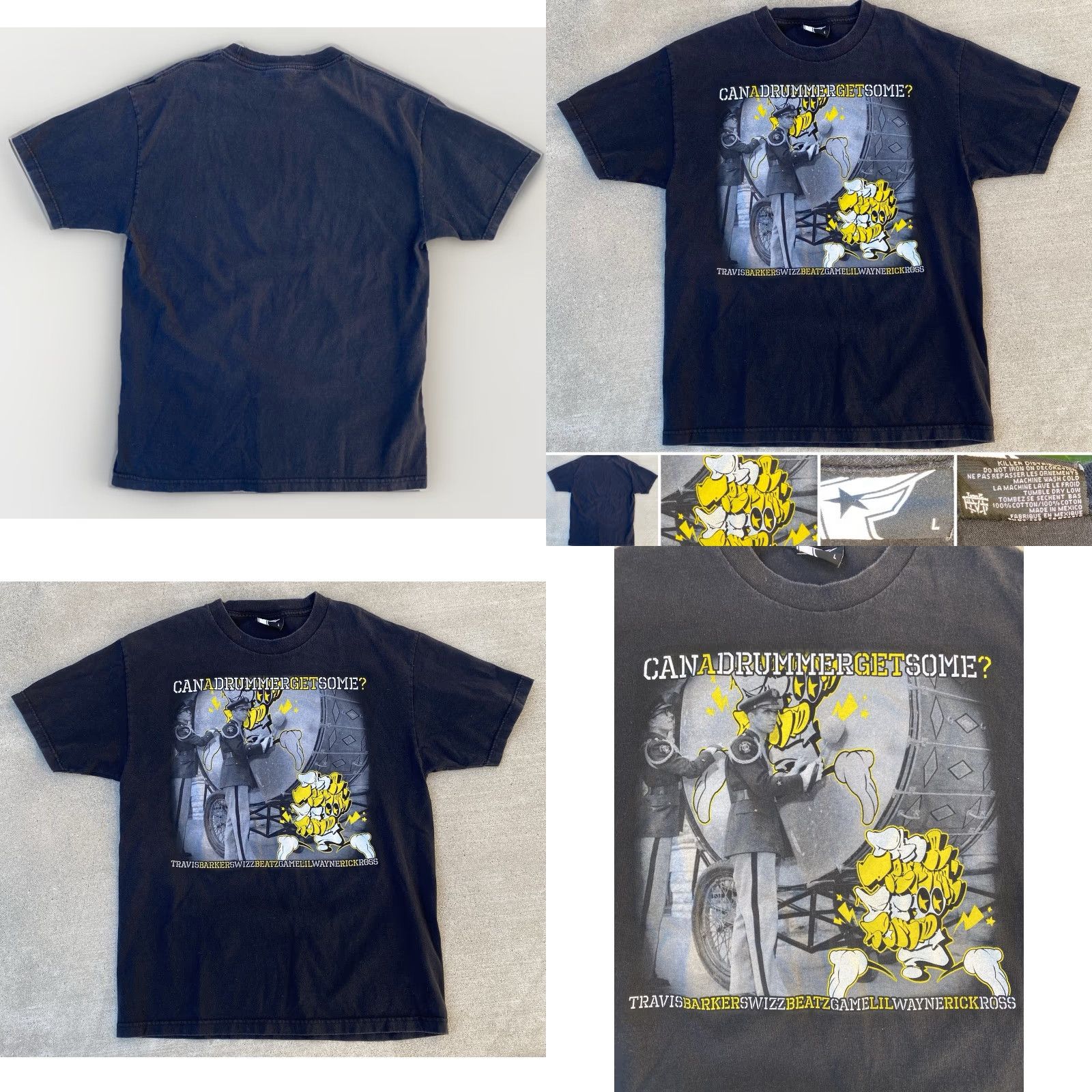 Barker Famous Stars & Straps Can A Drummer Get Some T-Shirt Black Short Sleeve L Mens Graphic Print Hip Hop Punk Rock 2000s 90s Theme Size US L / EU 52-54 / 3 - 9 Thumbnail