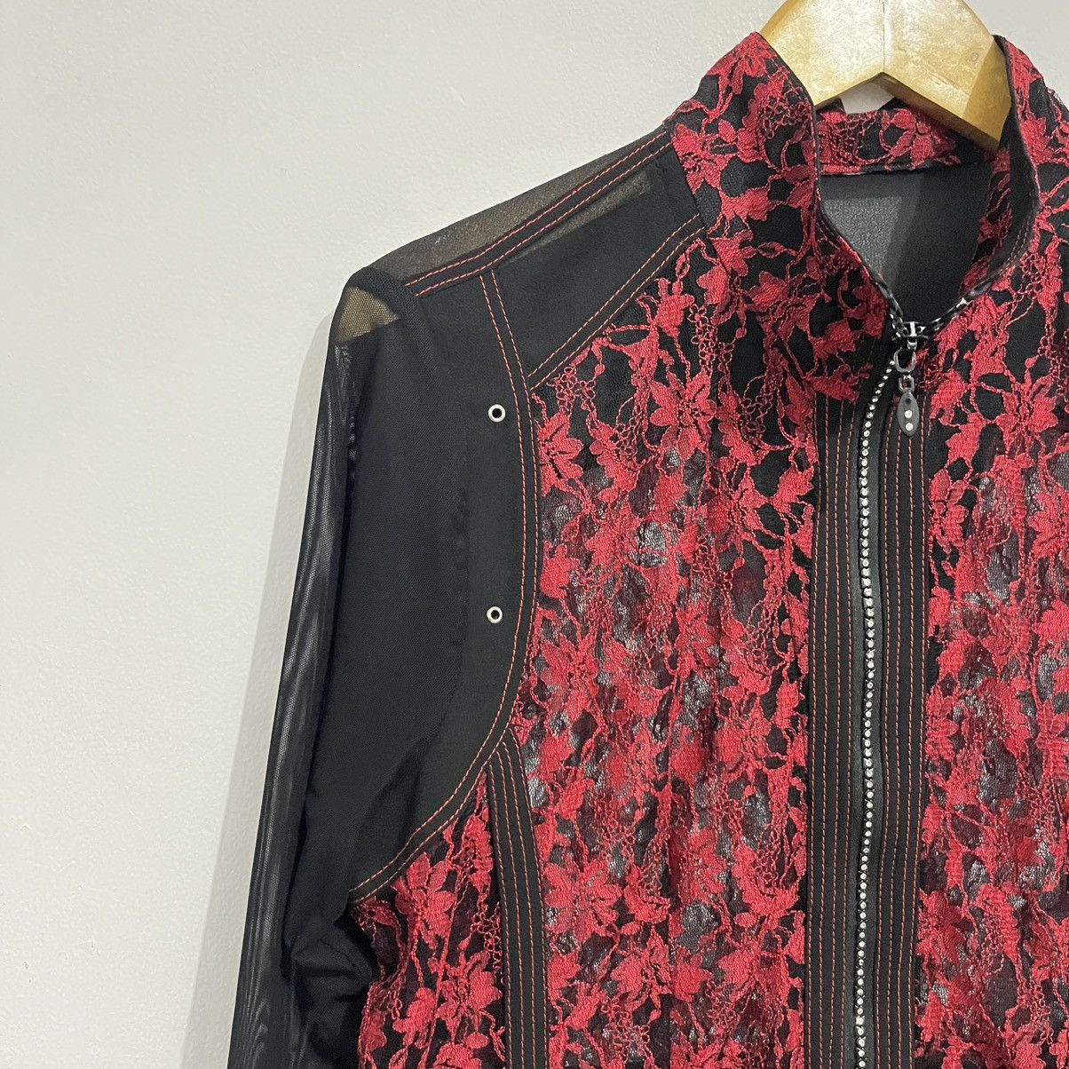 Japanese Brand Red Floral Lace & Mesh Paneled Gothic Emo Style ZipUp Jacket Size M / US 6-8 / IT 42-44 - 7 Thumbnail