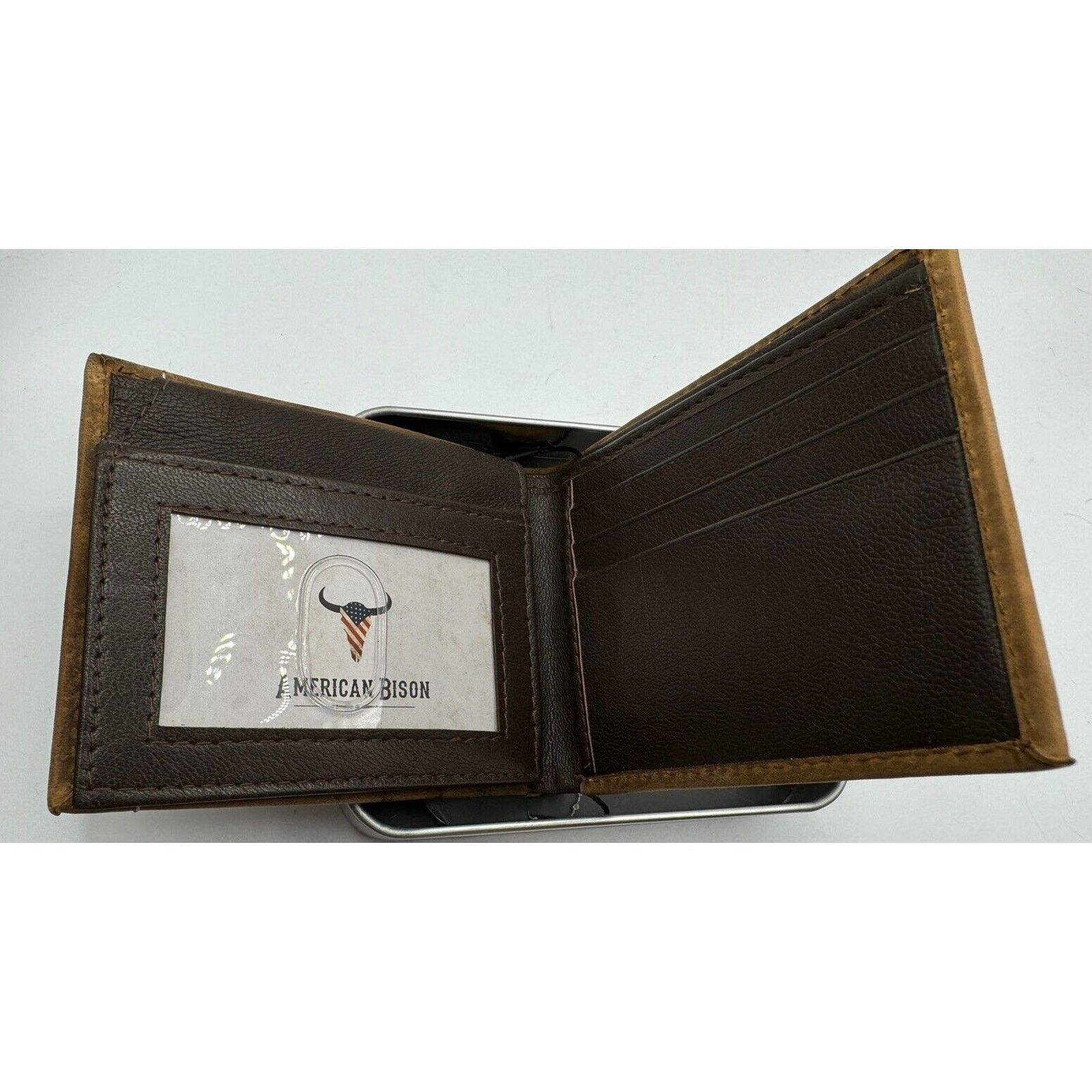 The Unbranded Brand AMERICAN BISON GENUINE LEATHER BROWN MENS WALLET Tin Box NEW Size ONE SIZE - 4 Thumbnail