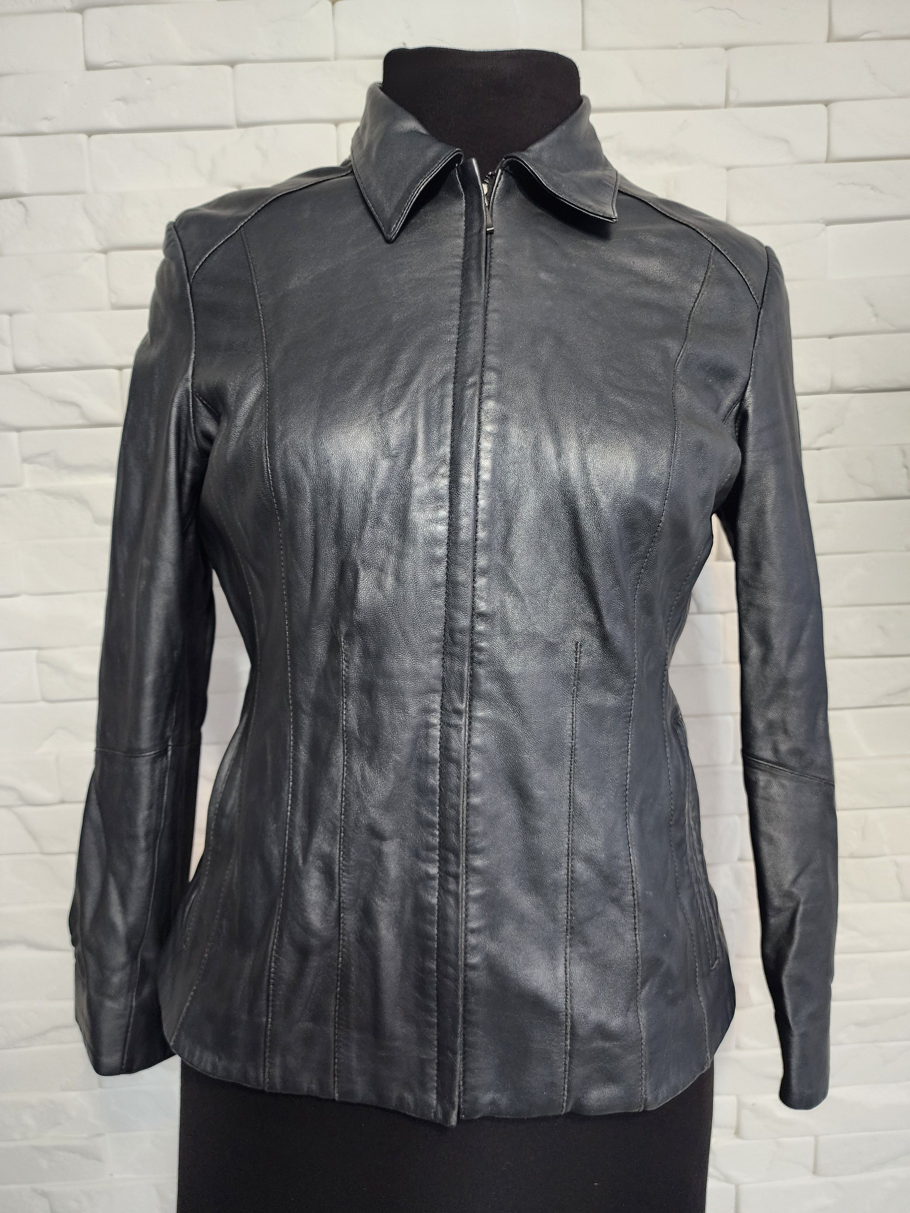 Marks & Spencer Gray Leather Jacket: Women's Sport Jacket with Metal Zipper Size M / US 6-8 / IT 42-44 - 1 Thumbnail
