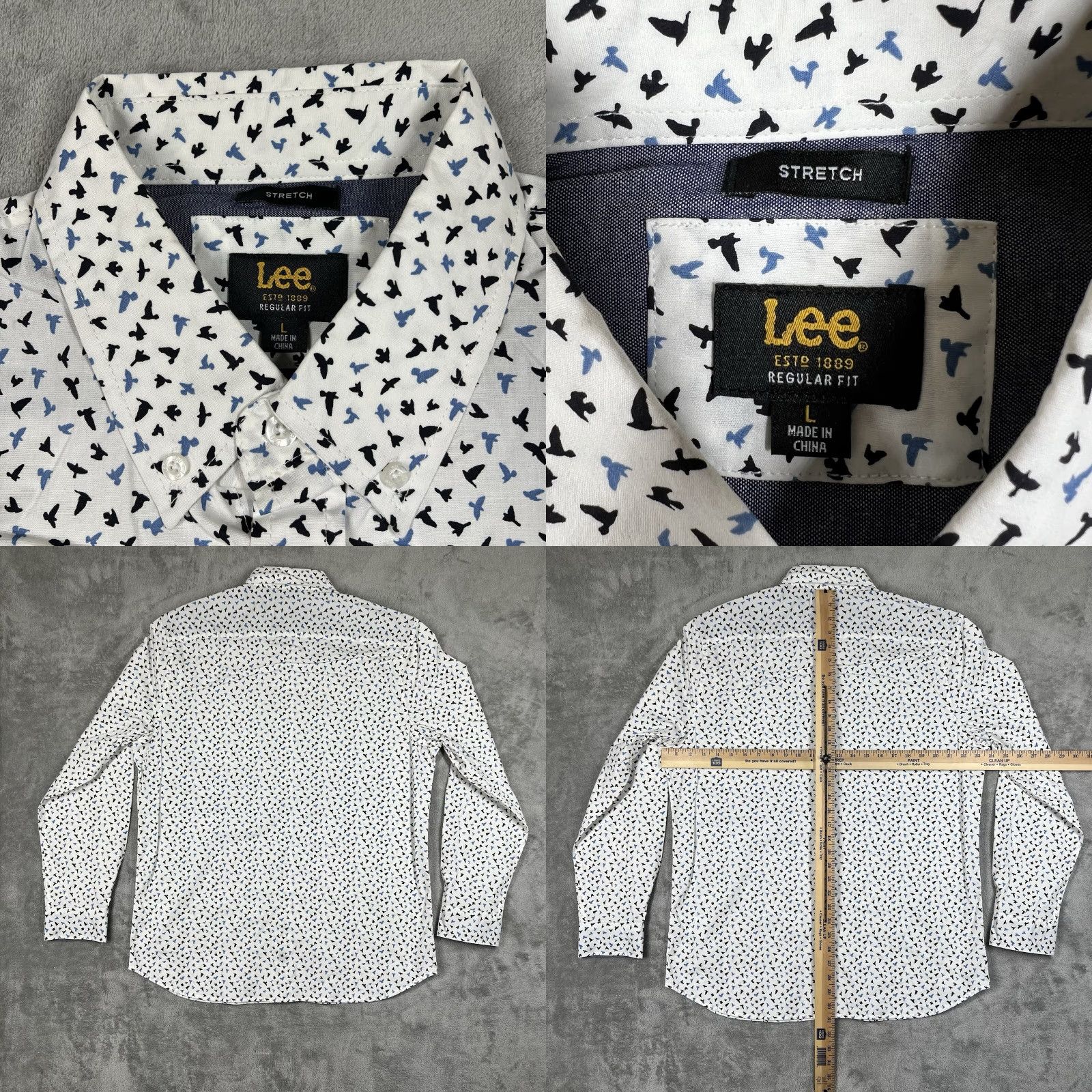 Lee Lee Stretch Regular Fit Mens Large Button-Down Long Sleeve Shirt Bird AOP Cotton White Size US L / EU 52-54 / 3 - 8 Thumbnail