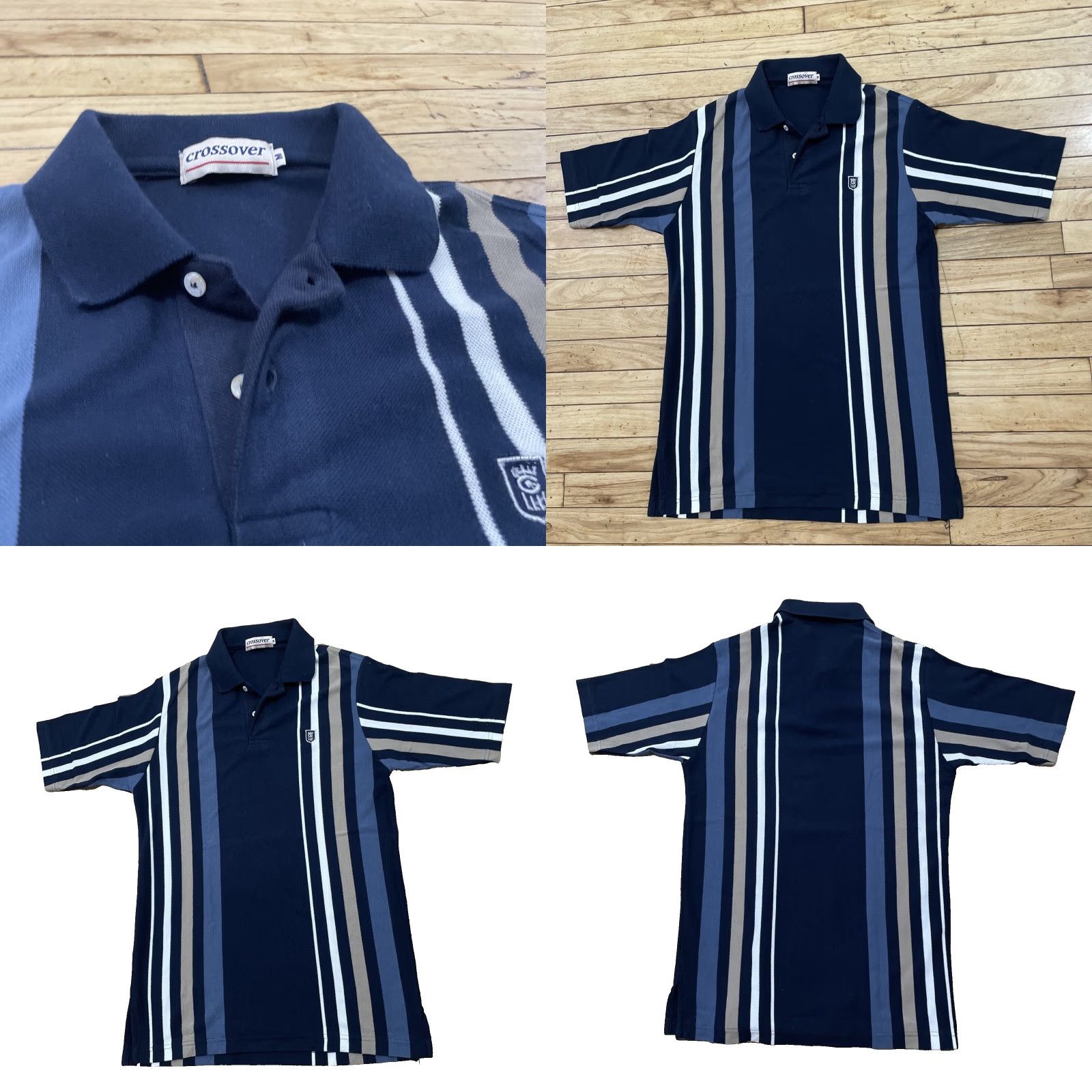 Vintage vtg CROSSOVER Knit Polo Shirt Men M Blue Tan Vertical Stripe Retro 60s 70s Sport Size US M / EU 48-50 / 2 - 9 Thumbnail