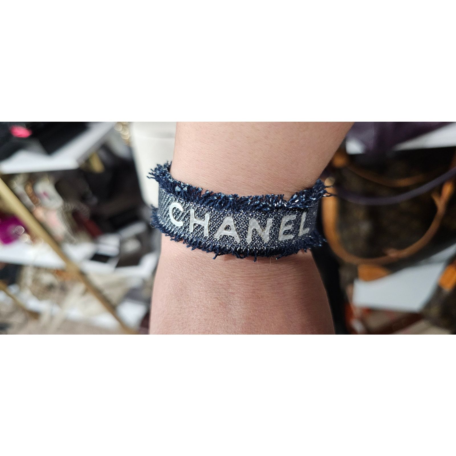 Chanel Vintage CHANEL Logo Letter Denim Bangle Bracelet Navy/Silver Size ONE SIZE - 1 Thumbnail