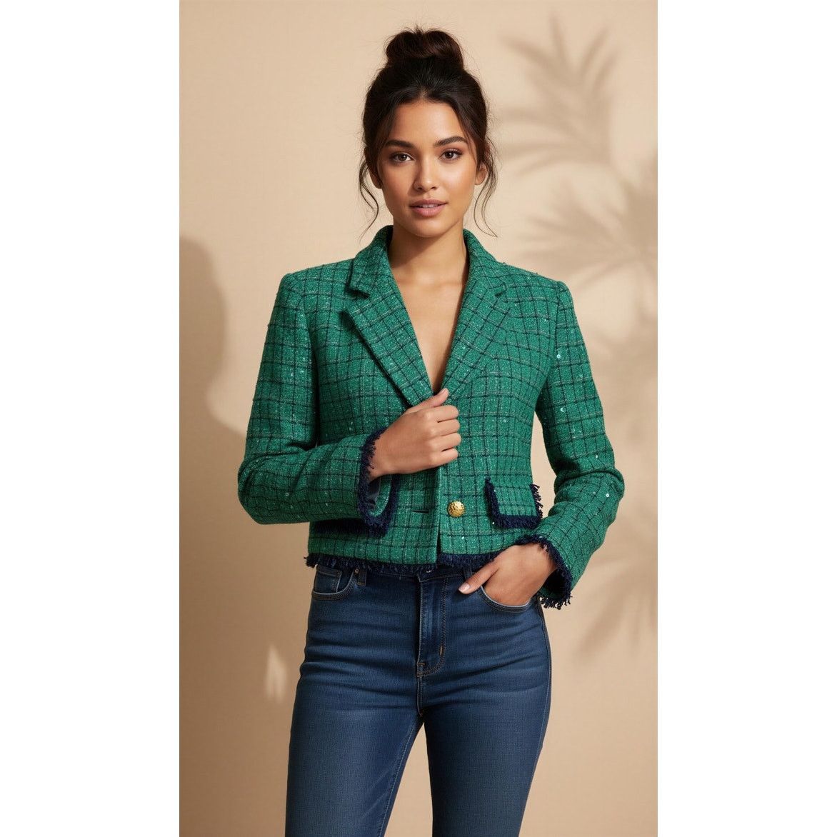 The Unbranded Brand NWT TOCCIN Jacket Womens Size 4 Green Tweed Sequin Cropped Size S / US 4 / IT 40 - 1 Thumbnail