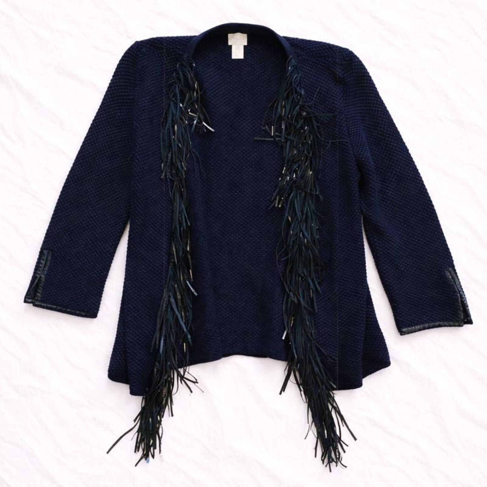 Chicos Chicos Black Knit Fringe Leather Cardigan Jacket Women Small Size S / US 4 / IT 40 - 1 Thumbnail