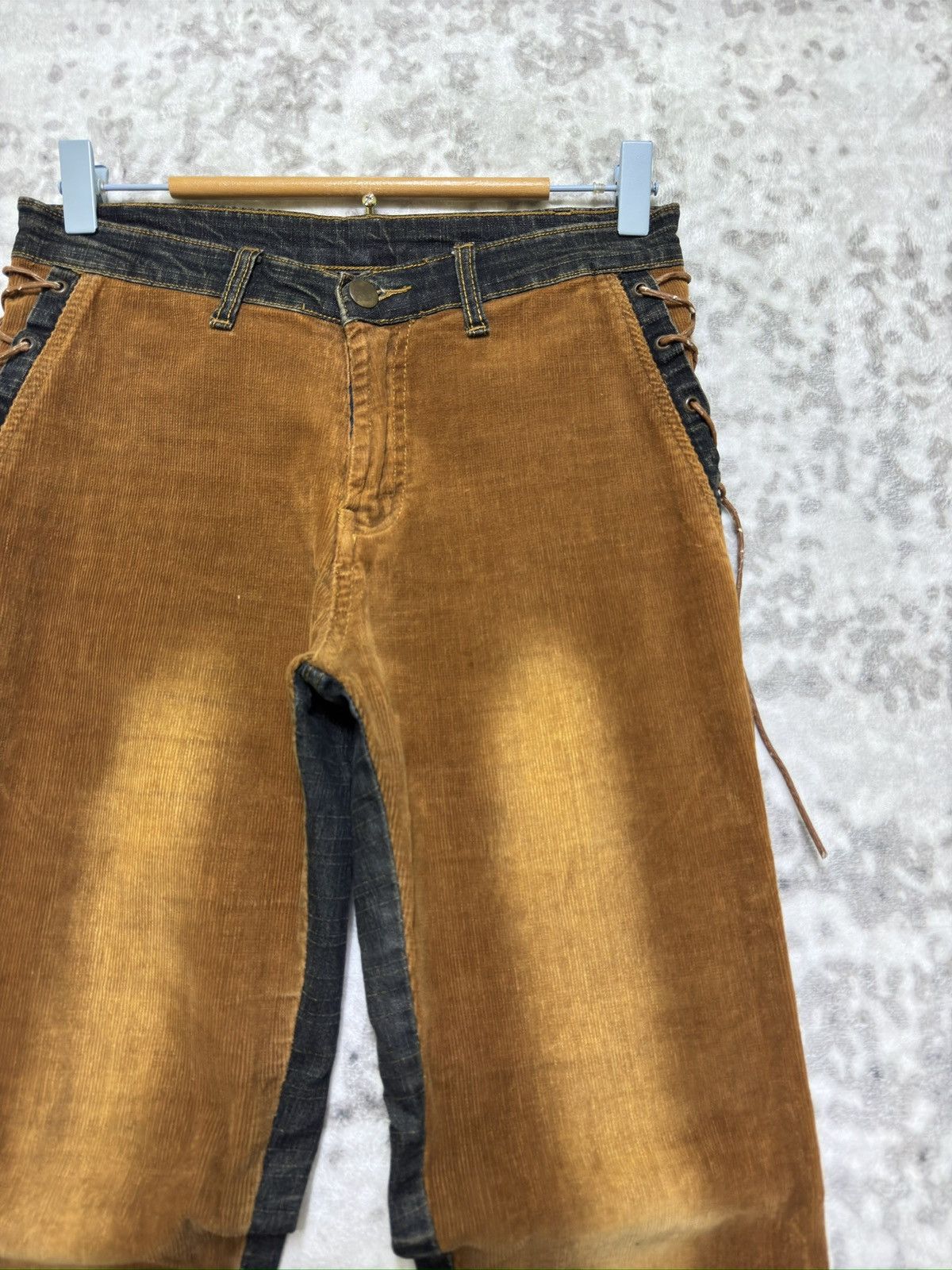 Japanese Brand Y2K Unisex Lace Up Bootcut Denim Corduroy Hybrid Jeans Size US 27 - 5 Thumbnail