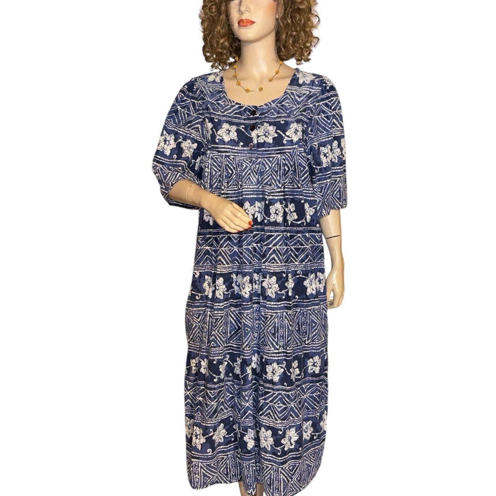 Designer Vintage Laurel Rose Blue Ikat Muumuu Patio House Dress 1X Size XL / US 12-14 / IT 48-50 - 1 Thumbnail