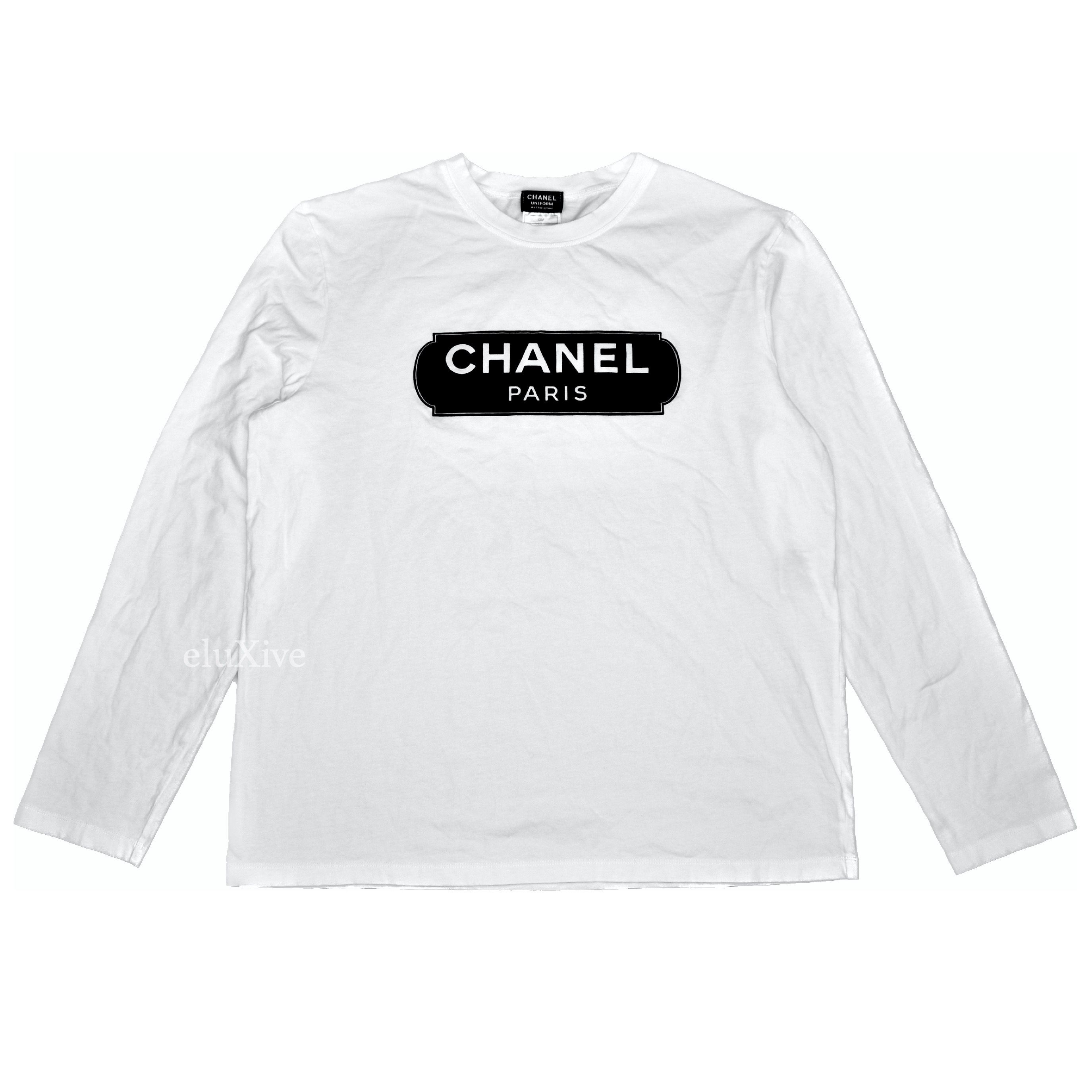 Pre-owned Chanel White Velvet Logo L/s Crewneck Uniform T-shirt