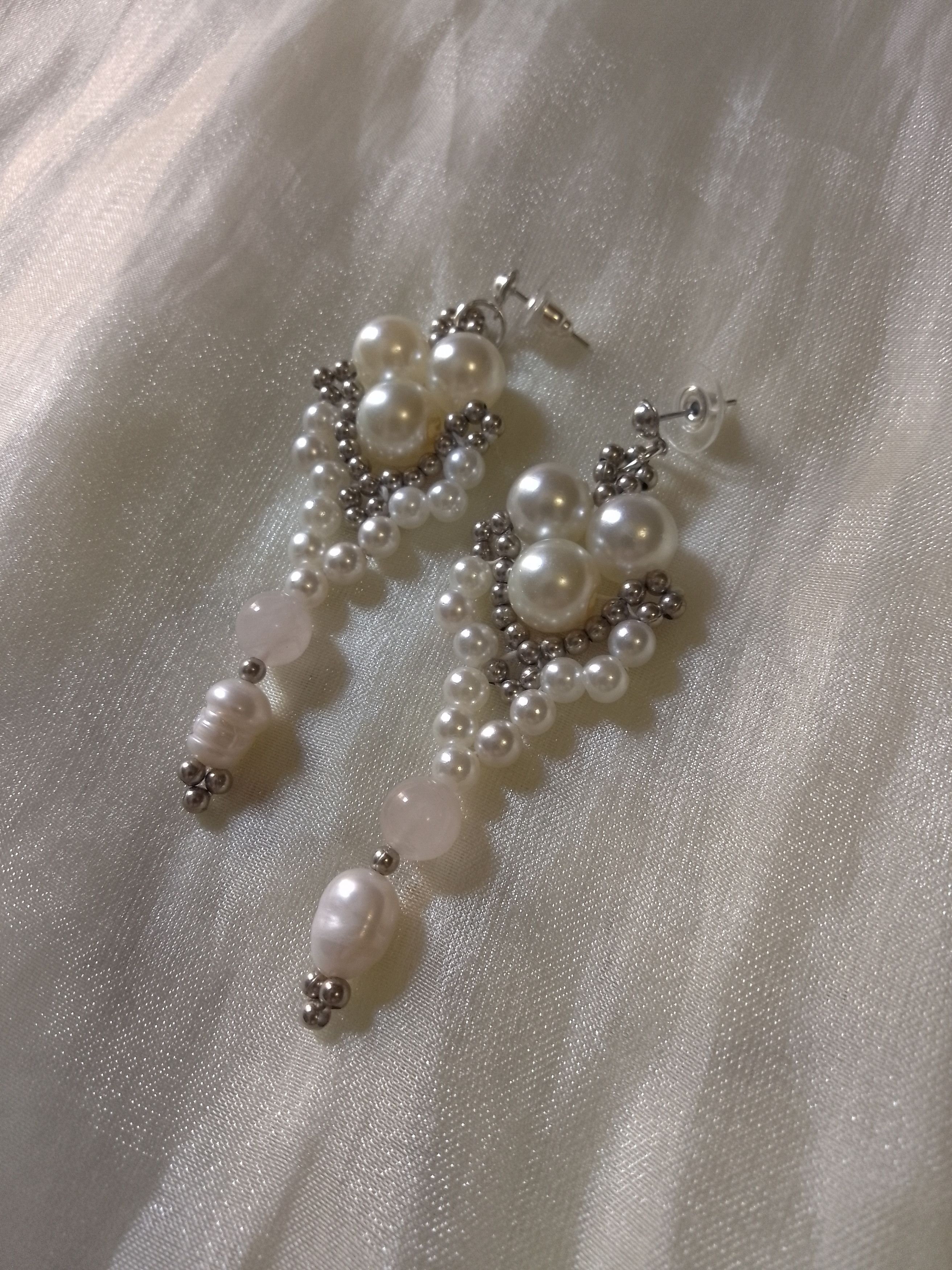 Handmade Earrings with freshwater pearls Rose Quartz gemstones Size ONE SIZE - 1 Thumbnail
