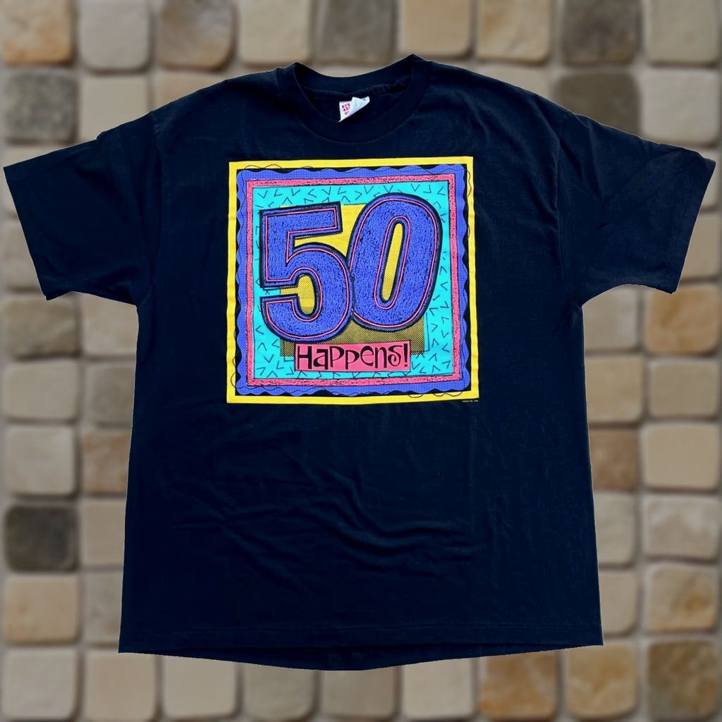 Hanes Hanes Heavyweight 50/50 Men's Vintage T-Shirt XL Black, Short Sleeve Crew Neck, Made in USA, 1990s Birthday Theme, Size XL Mens Size US XL / EU 56 / 4 - 1 Thumbnail