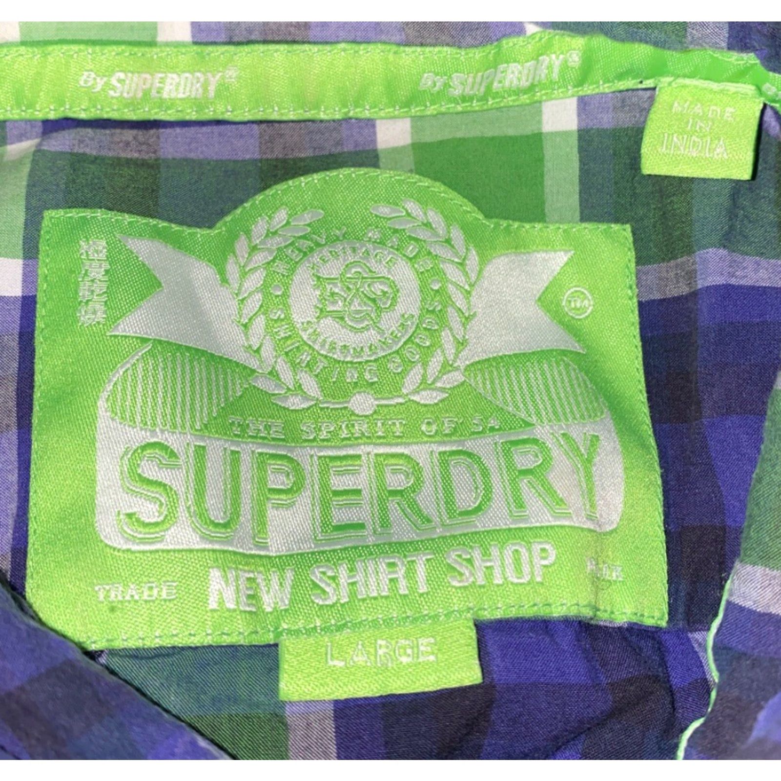 Superdry Superdry Shirt Men L Blue/Green Checkered Short Sleeve Button-Up Regular Collar Cotton Size US L / EU 52-54 / 3 - 6 Thumbnail