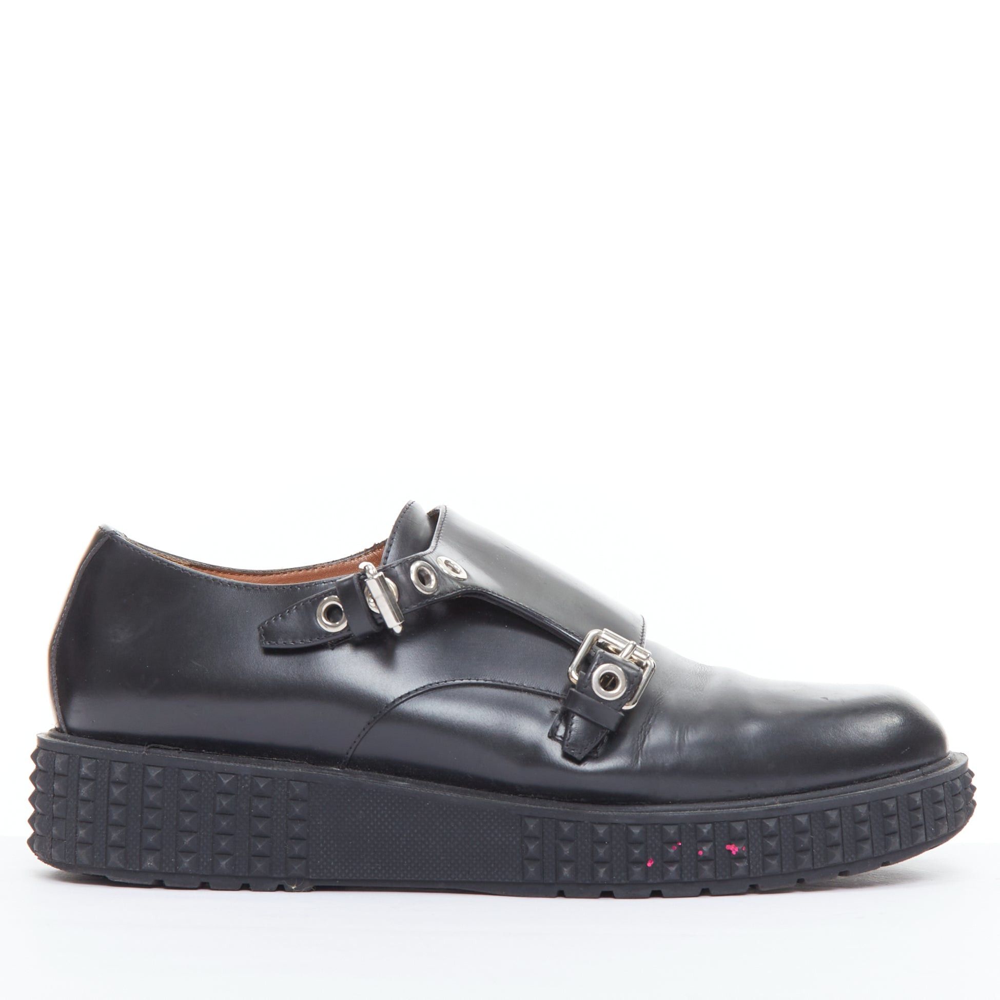 Valentino VALENTINO Rockstud black leather silver buckles stud midsole monk shoes EU38 Size US 8 / IT 38 - 1 Thumbnail