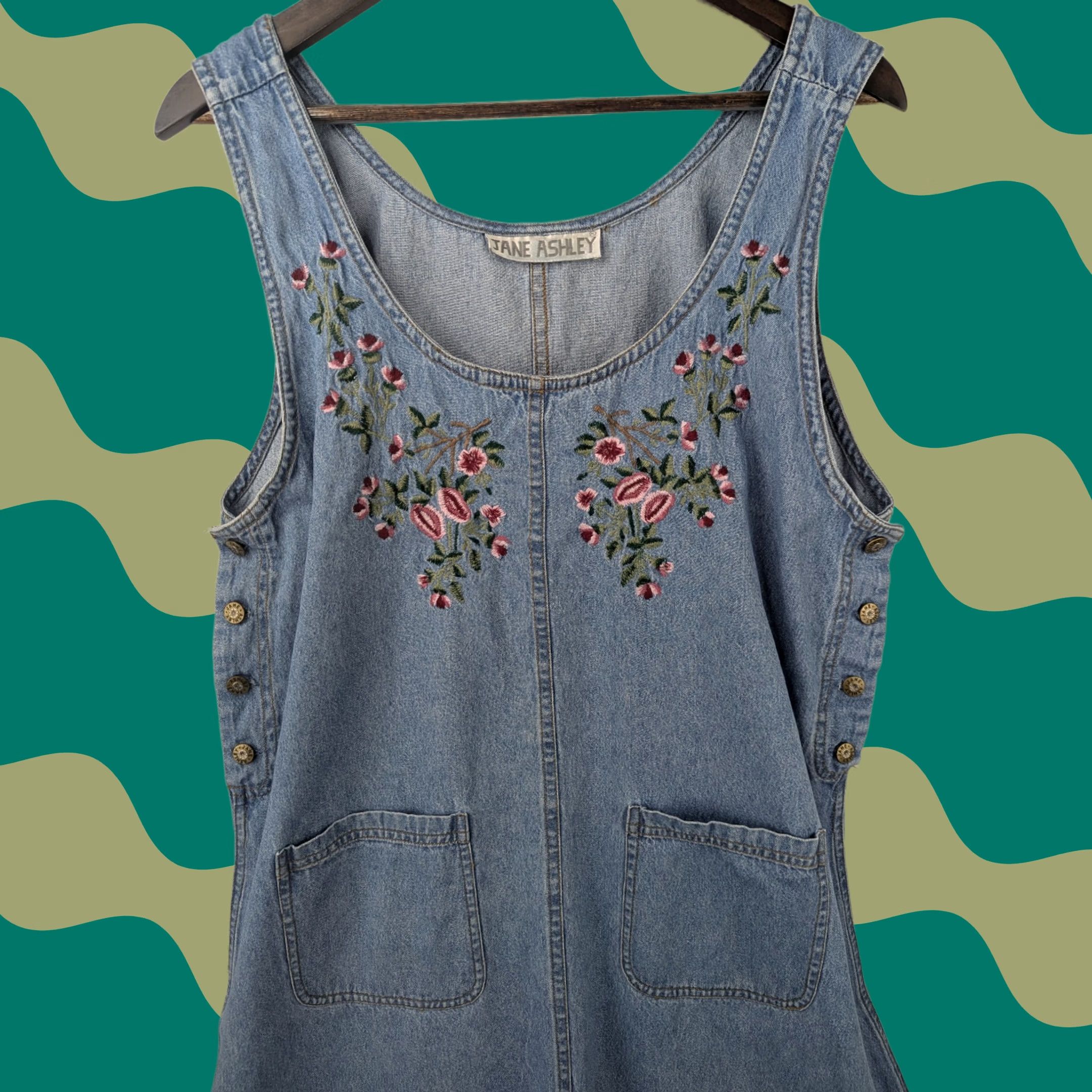 Denime VINTAGE Jane Ashley Denim Floral Embroidered Jumper Womens Dress Maxi Pockets Size L / US 10 / IT 46 - 1 Thumbnail