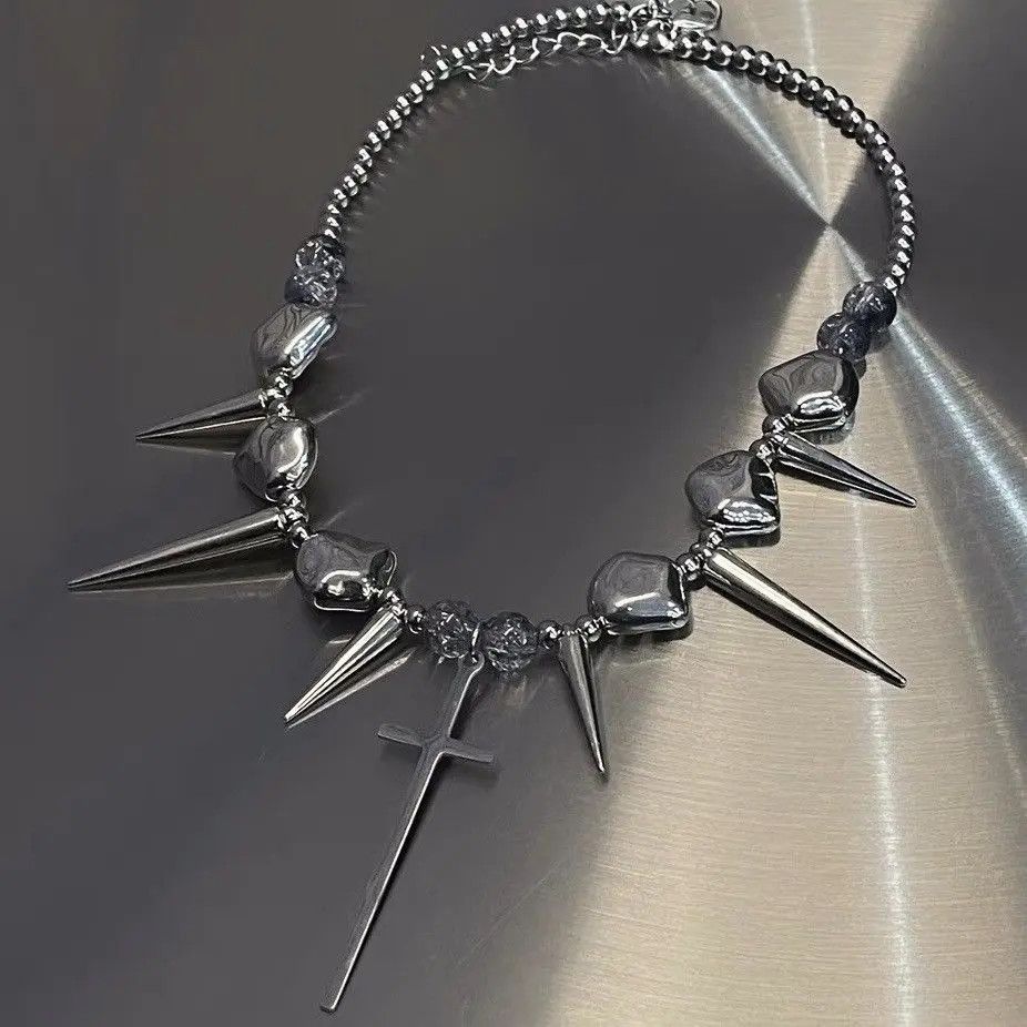 Designer × Jewelry Silver Color Thorns Punk With Cross Necklace Choker Size ONE SIZE - 1 Thumbnail