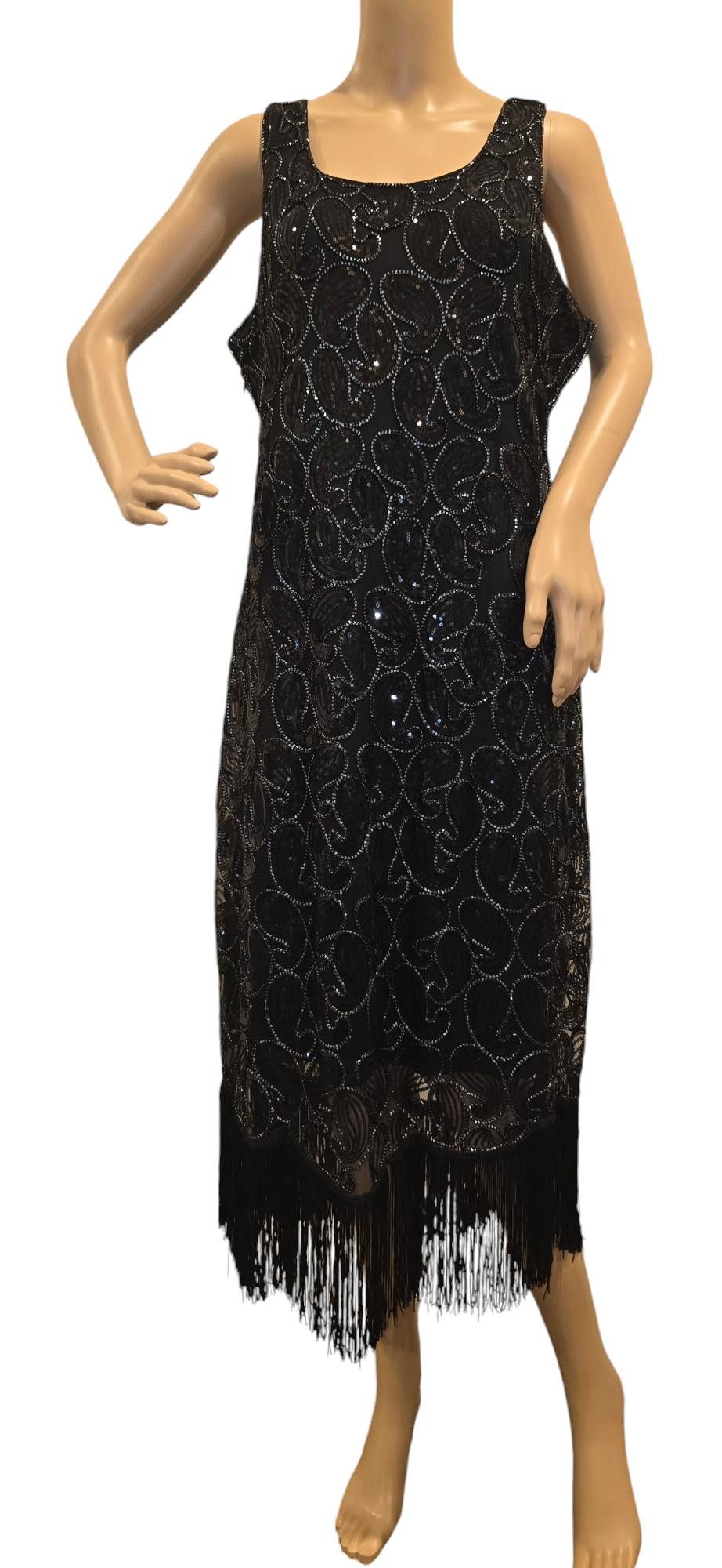 Designer Glamorous Black Beaded Fringe Dress - Vintage Style Size XL / US 12-14 / IT 48-50 - 1 Thumbnail