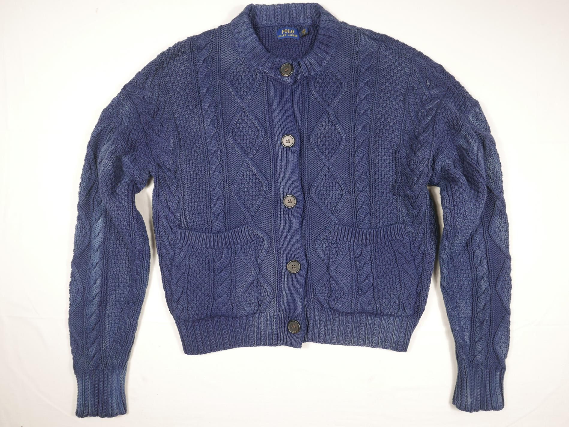 Polo Ralph Lauren Cardigan Sweater Aran Cable Navy Boxy S