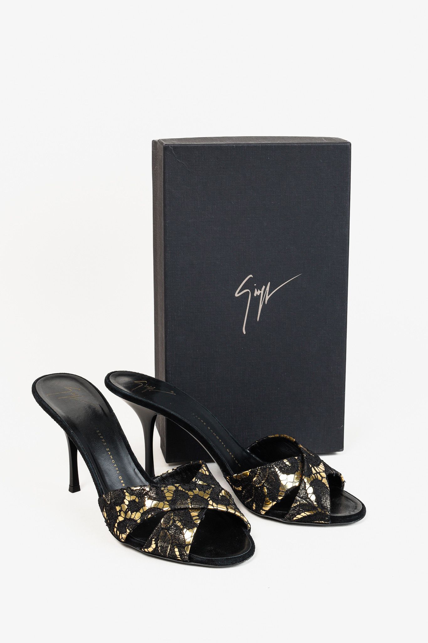 Giuseppe Zanotti Giuseppe Zanotti Gold & Black Lace Crossover-Strap Mules Size US 9 / IT 39 - 1 Thumbnail