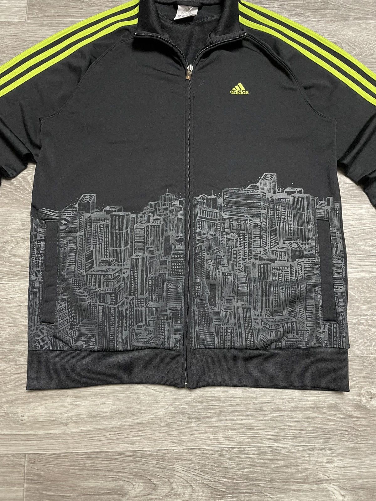 Adidas Track Jacket Black Neon 3-Stripes City Skyline Print