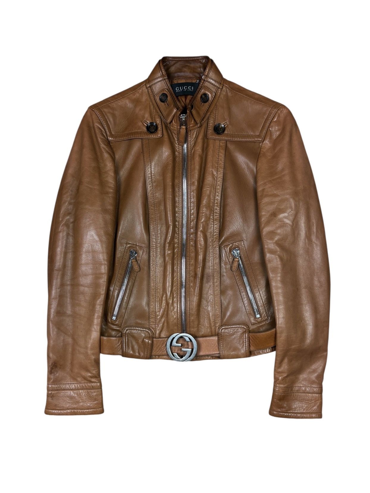 Gucci Gucci 2000s Leather Biker Jacket with GG Belt Size M / US 6-8 / IT 42-44 - 1 Thumbnail