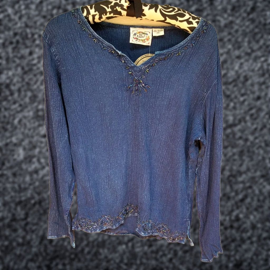 Denime 24 Karat Womens Top Medium Blue Denim Long Sleeves Embellish Sequin Beads Casual Size M / US 6-8 / IT 42-44 - 1 Thumbnail