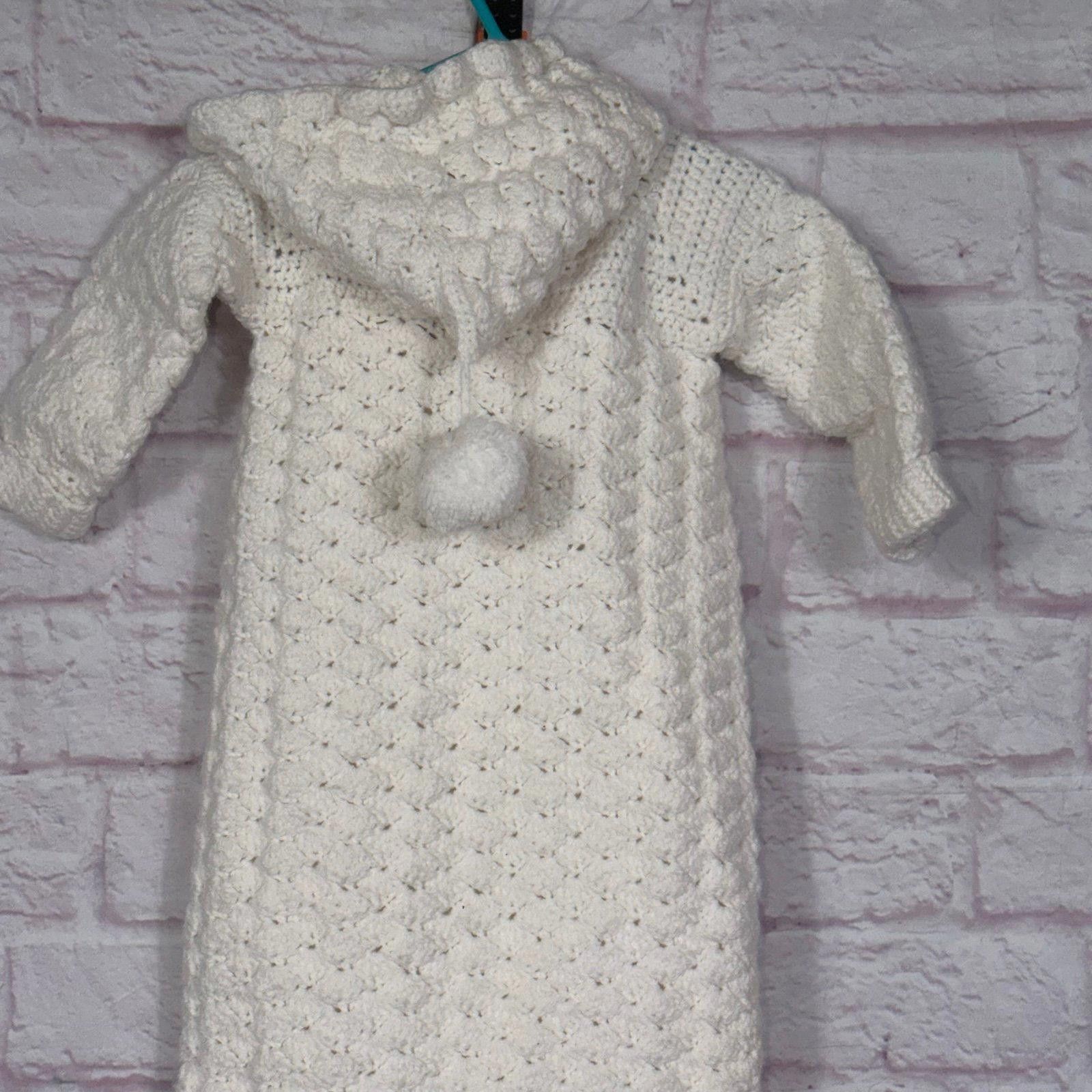 Other Handmade Crochet Baby Bunting with Hood and Pom Poms 0-6 Mos Size ONE SIZE - 7 Thumbnail
