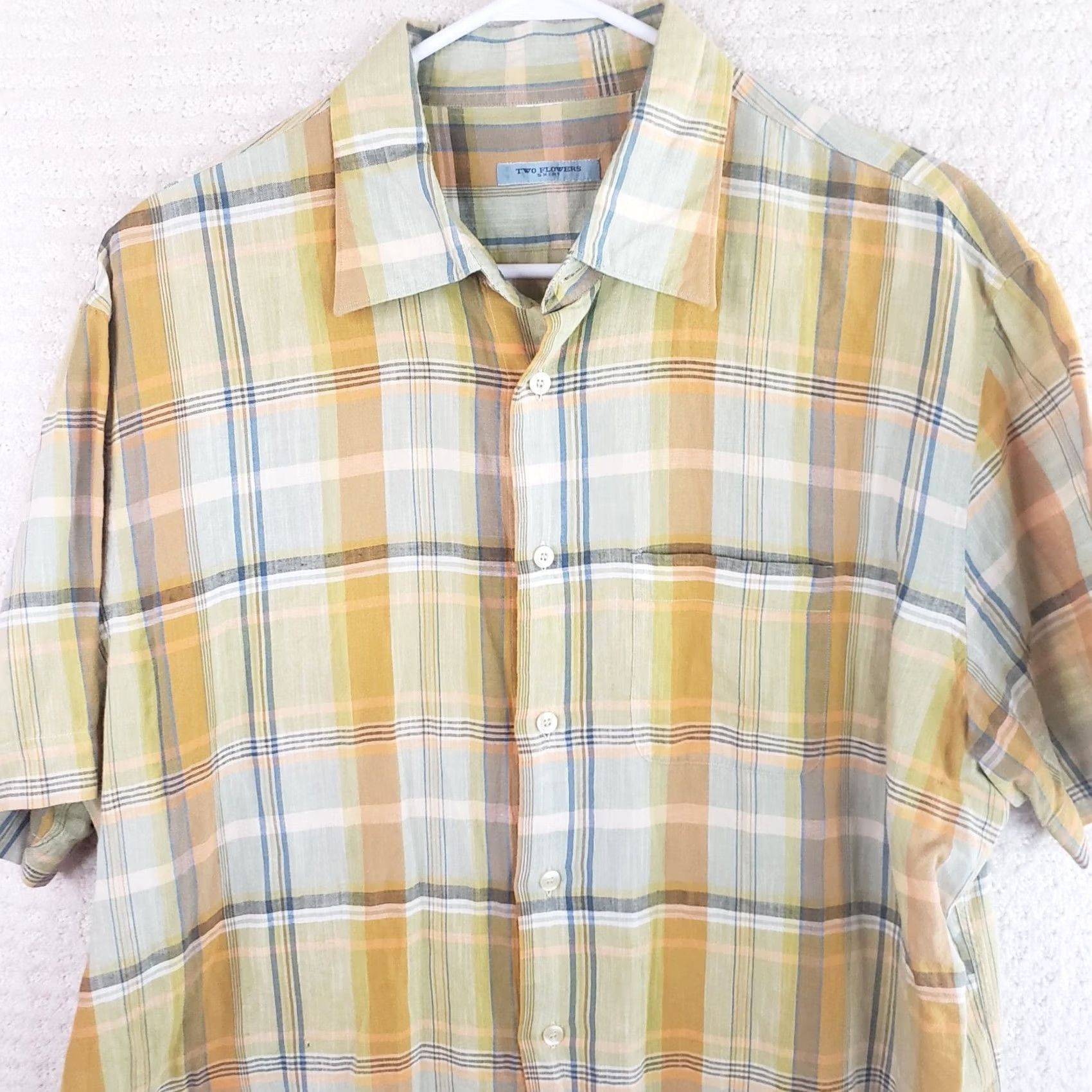Vintage Two Flowers Linen Blend Camp Shirt Men XL Yellow Green Orange Plaid SS Button Size US XL / EU 56 / 4 - 2 Thumbnail