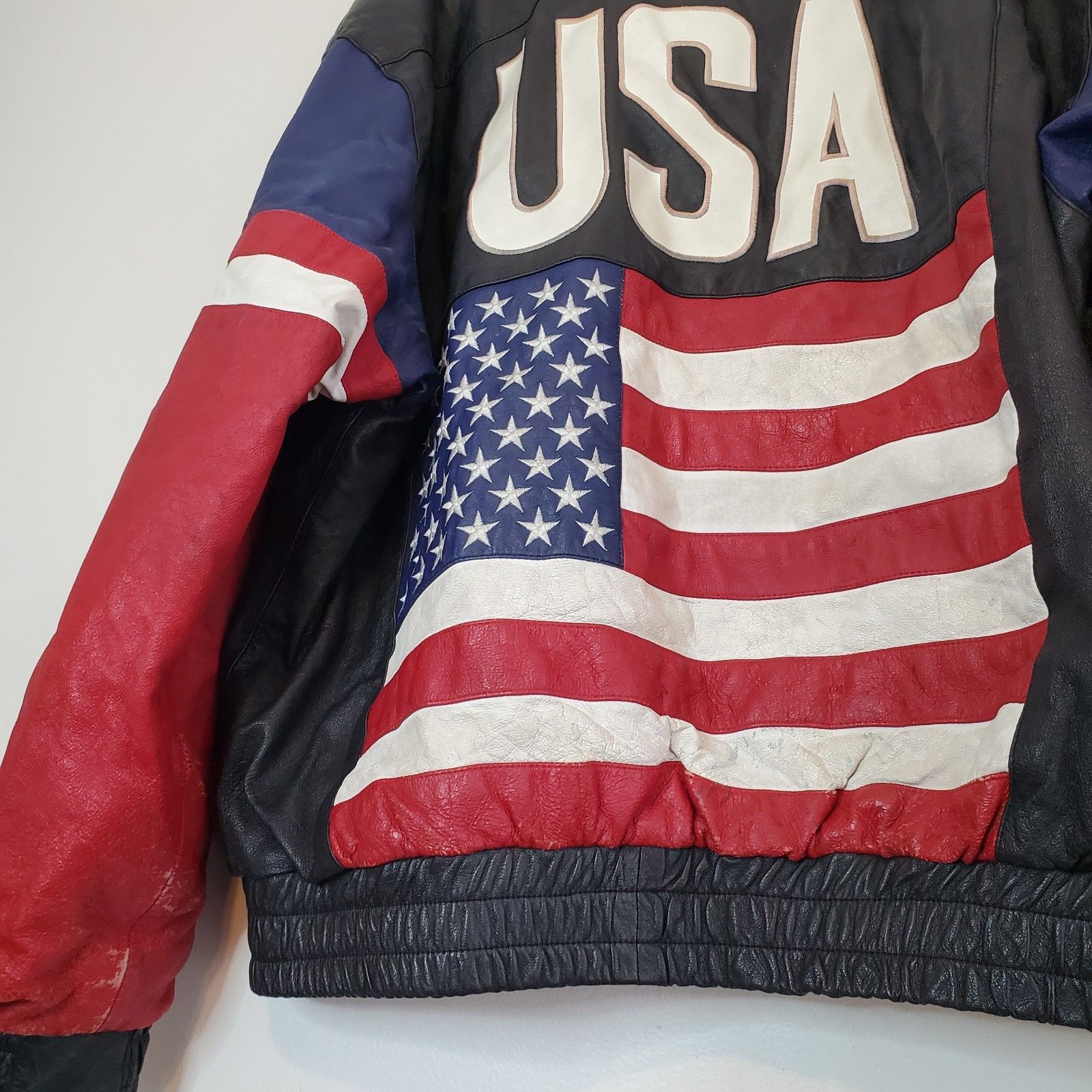 Vintage Vintage 90s USA Flag Leather Bomber Jacket Black Size XL Size US XL / EU 56 / 4 - 4 Thumbnail