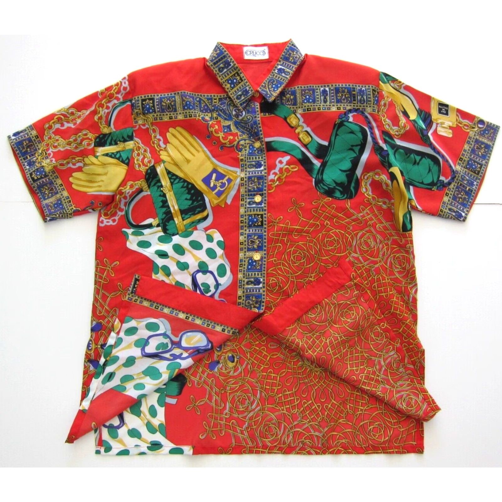 Vintage Vtg Crucci Red Green Gold Blue Floral Fashion Short Sleeve Button Blouse L-XL Size XL / US 12-14 / IT 48-50 - 5 Thumbnail