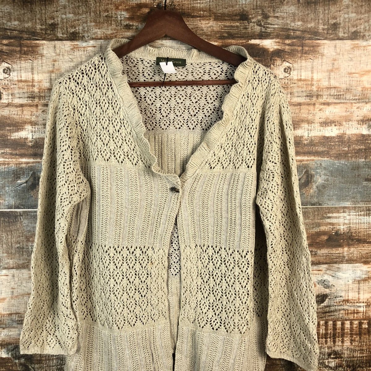 Homespun Knitwear × Japanese Brand × Vintage DL Merci Grace crochet meshnet Brown Cardigan Knitwear #C529 Size L / US 10 / IT 46 - 2 Thumbnail