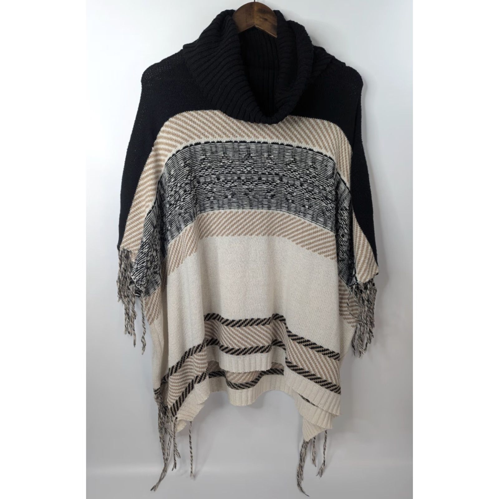 Vintage VINTAGE Northern Angel Sweater Poncho Womens S/M Black Beige Stripe Fringe Cowl Neck Size S / US 4 / IT 40 - 2 Thumbnail